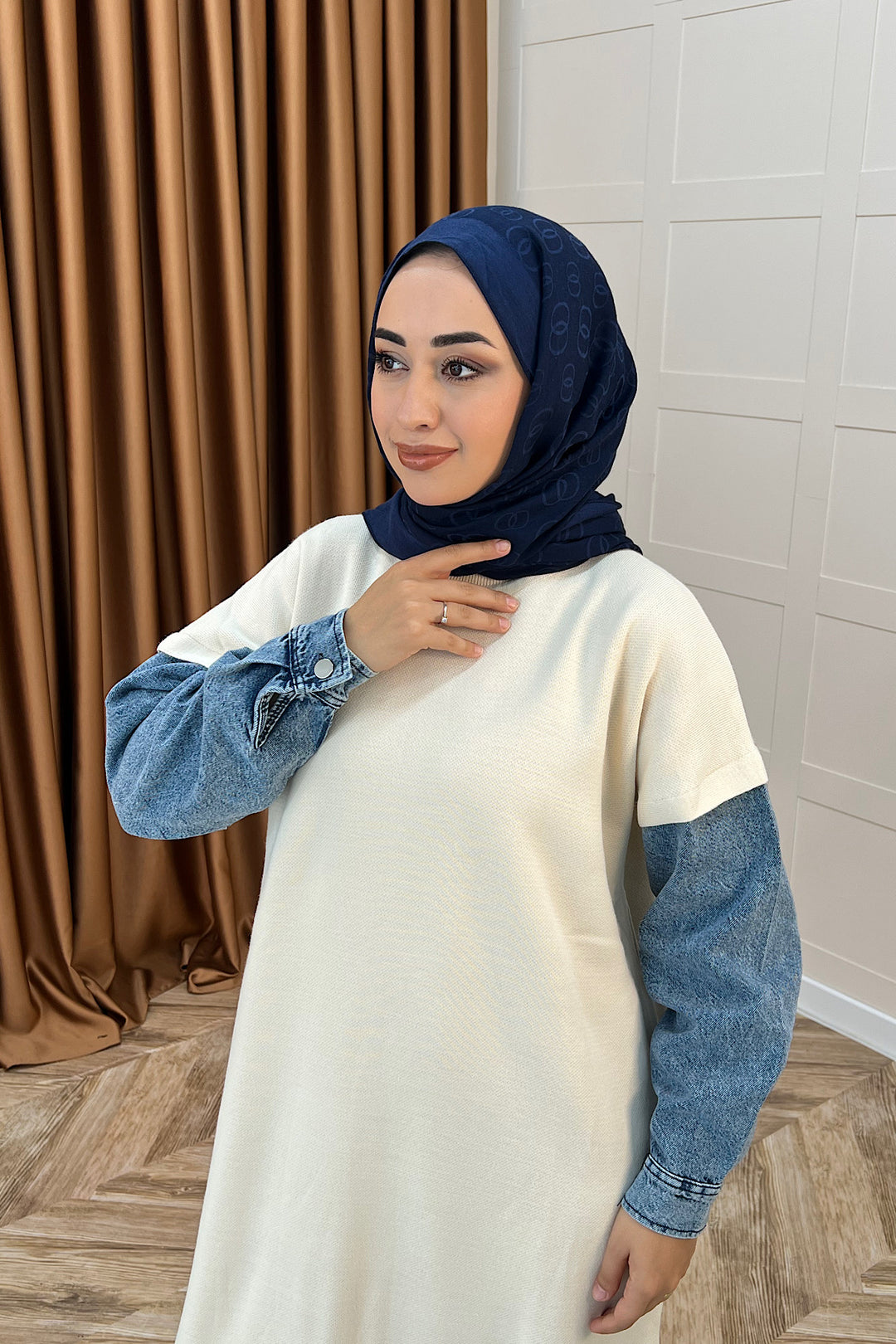 Kolları Kot Detay Triko Elbise Ekru 241200-EKRU