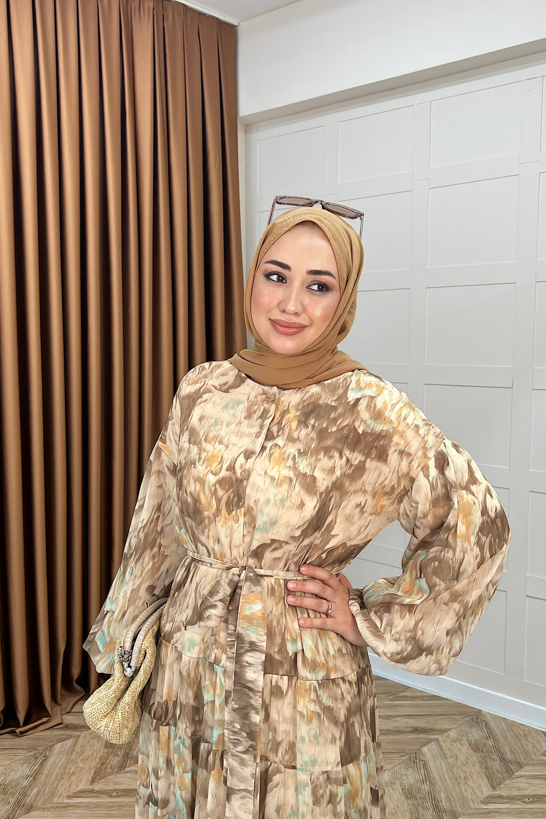 Lily Rüya Desen Şifon Elbise Vizon 3037-VIZON