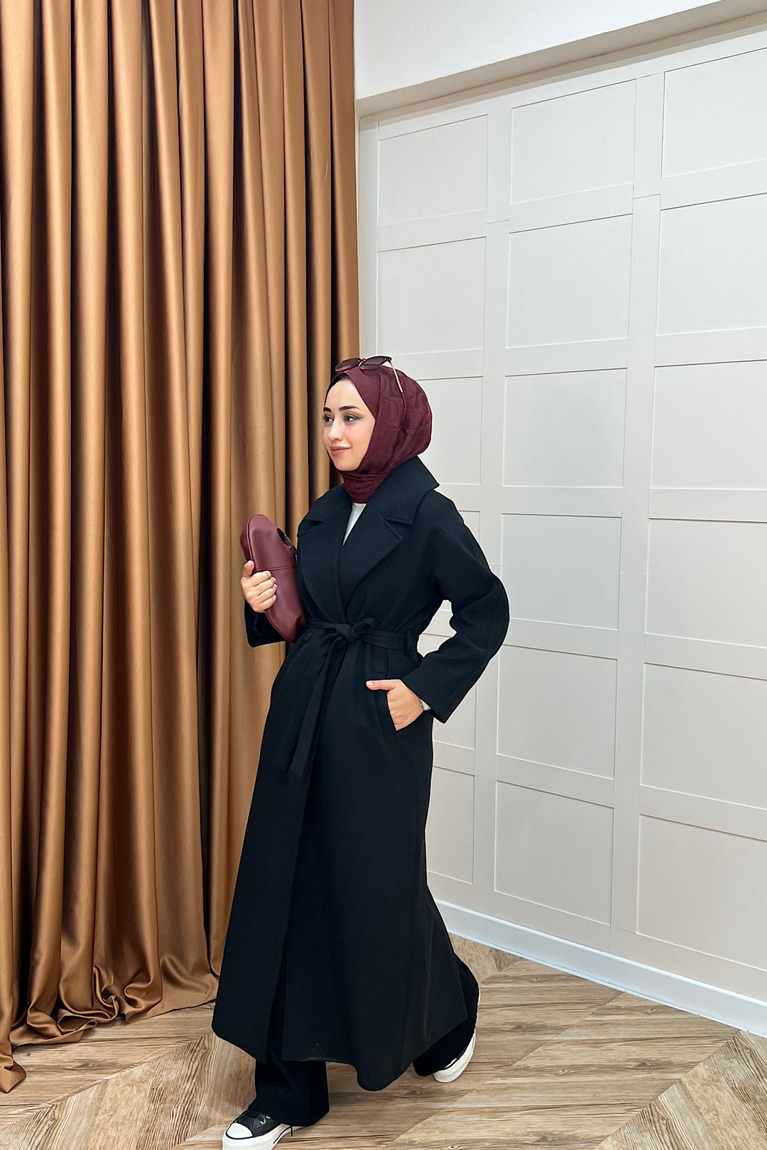 Retro Premium Kumaş Uzun Kaşe Kaban Siyah 5509-SIYAH