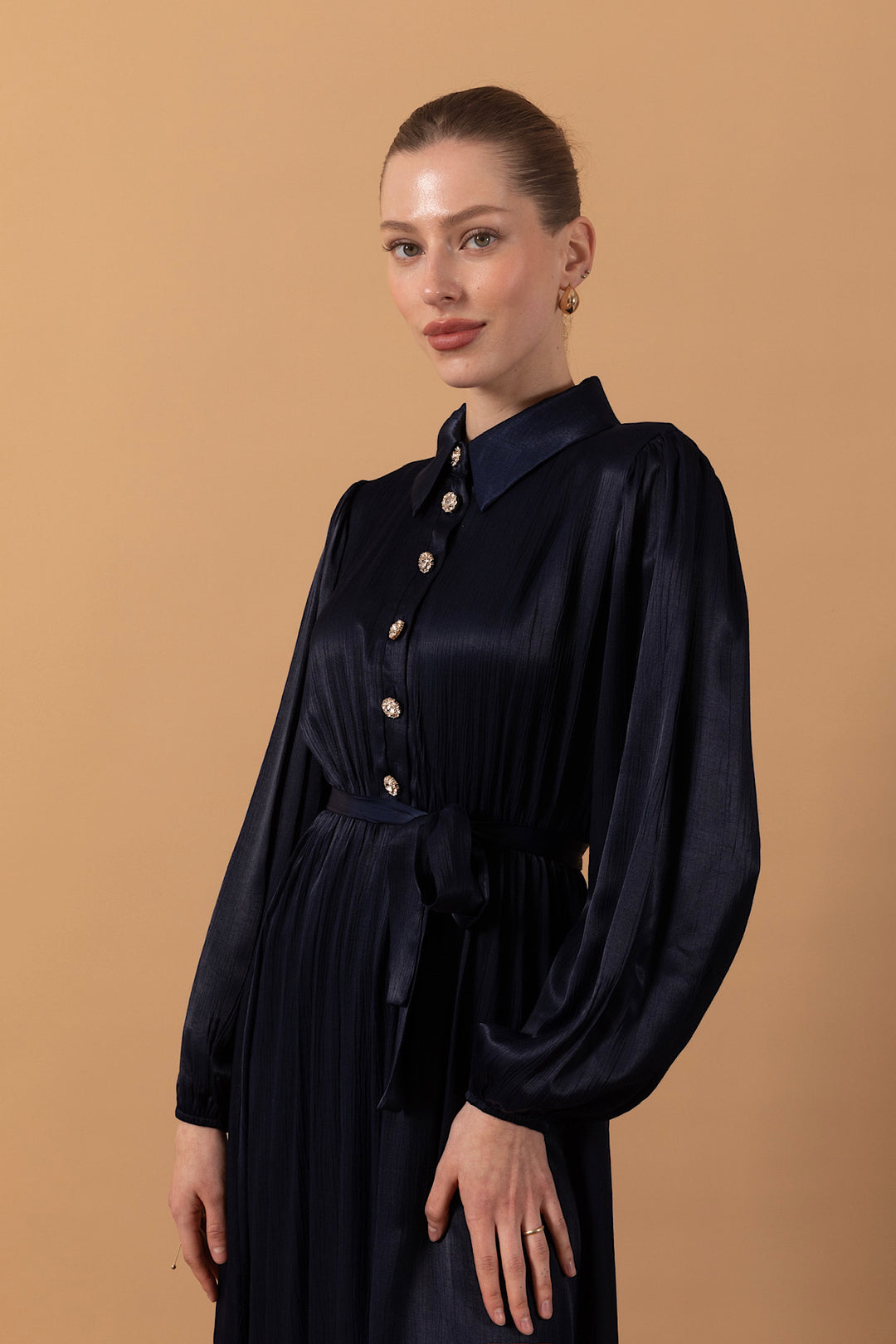 Belden Lastikli Yarım Düğme Elbise Lacivert 9591-LACIVERT