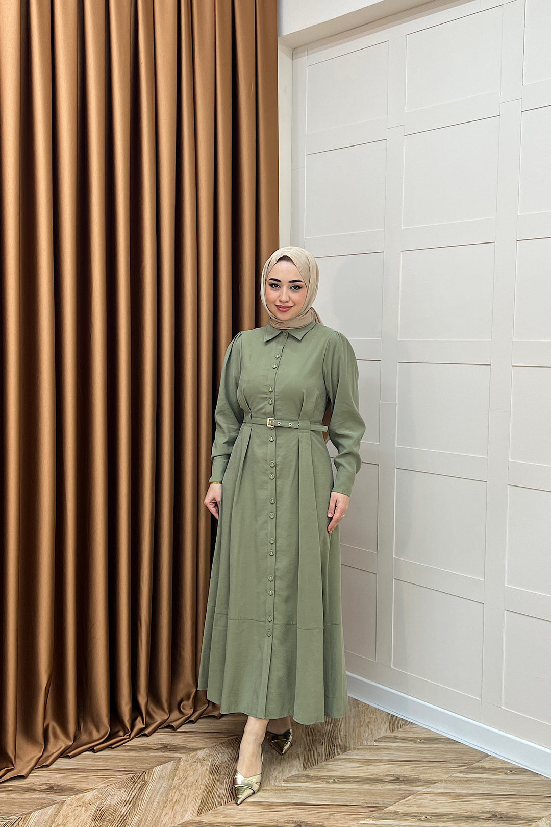 Nisa Boydan Düğmeli Elbise Yeşil 3000-YESIL