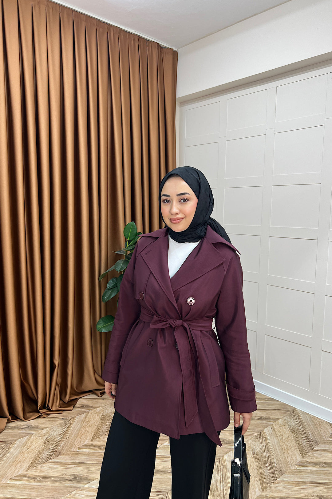 Elya Kuşaklı Trençkot Mürdüm 1006-MURDUM