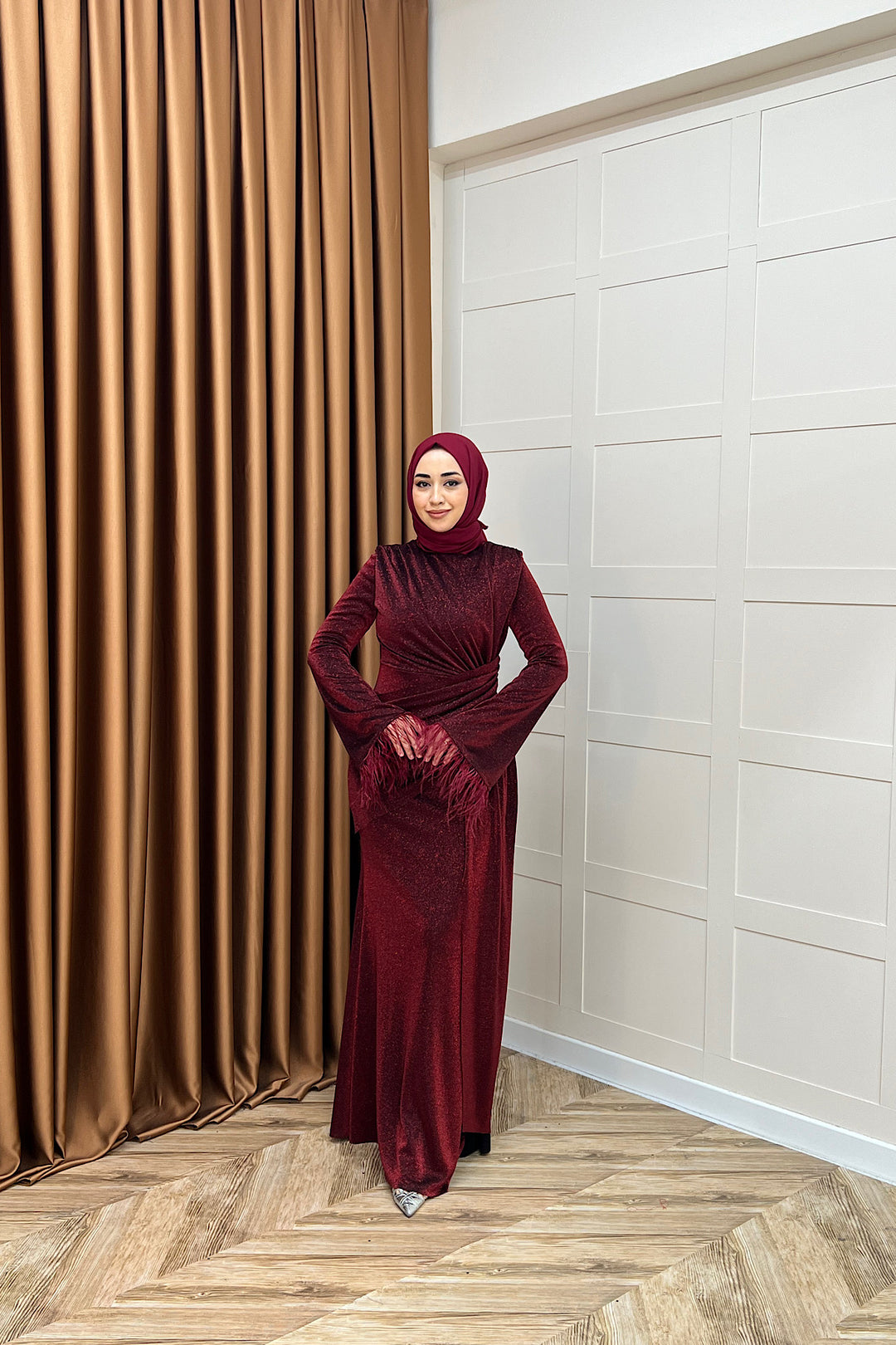 Rosalin Tüy Detay Abiye Bordo 3088-BORDO