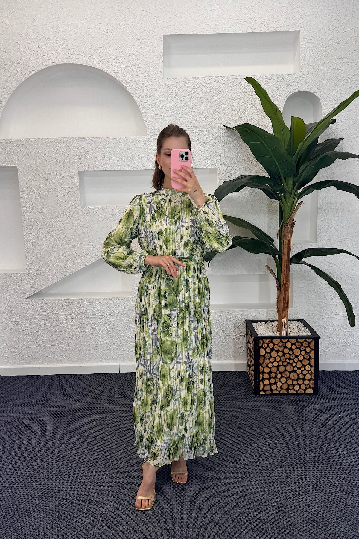 Liana Piliseli Elbise Yeşil 3040-YESIL