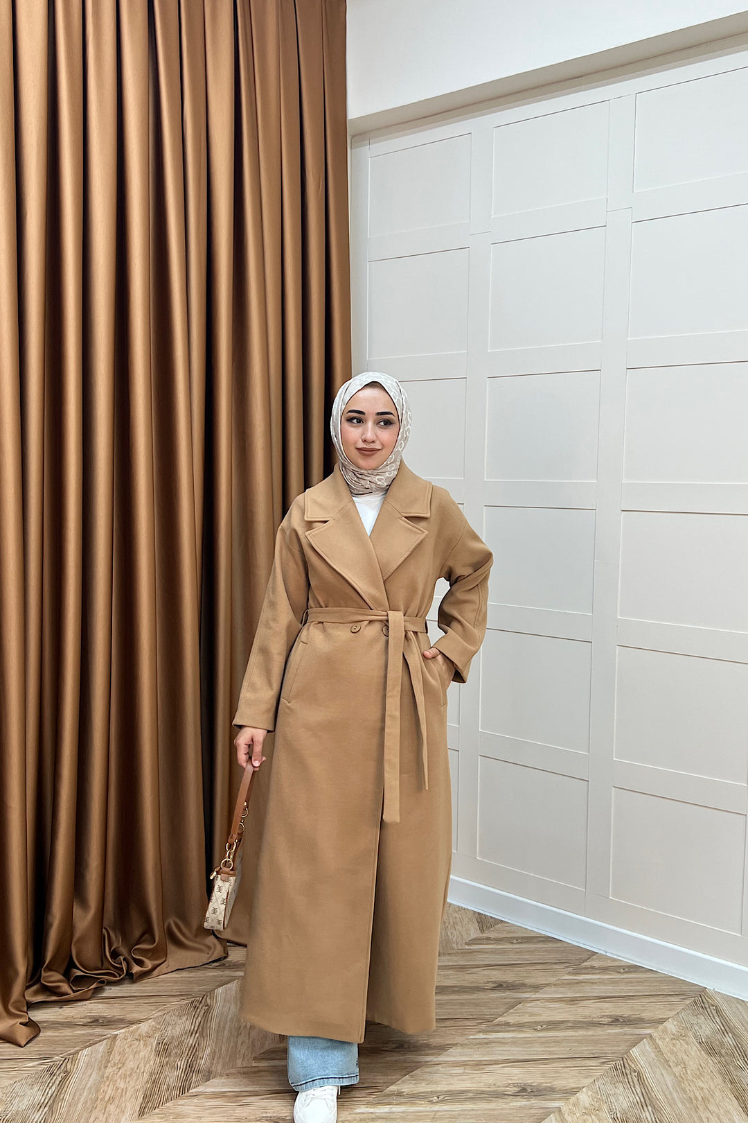 Retro Premium Kumaş Uzun Kaşe Kaban Camel 5509-CAMEL