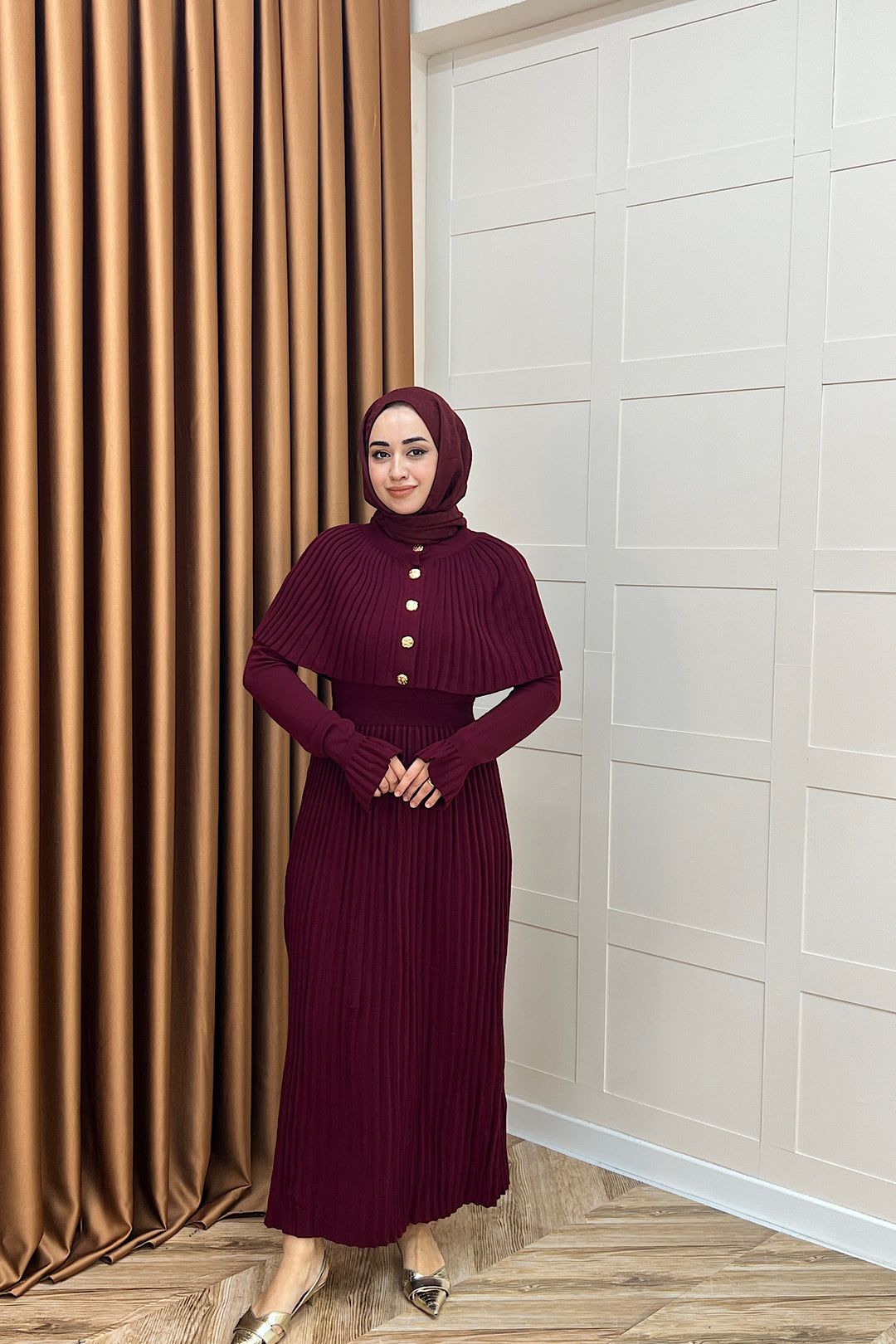 Kelebek Pelerinli Triko Elbise Bordo 10200-BORDO