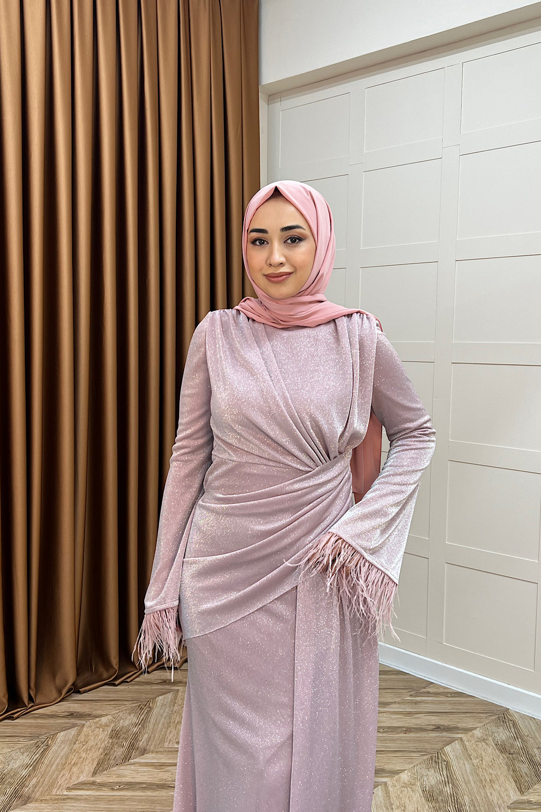 Rosalin Tüy Detay Abiye Pudra 3088-PUDRA