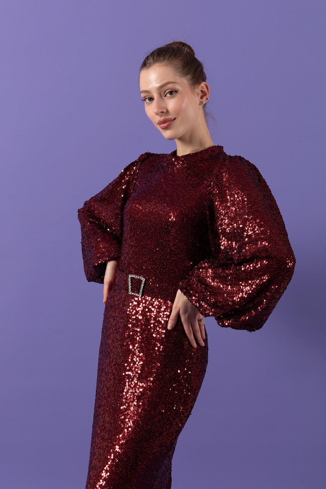 Kristal Payetli Balon Kol Abiye Bordo 3016-BORDO