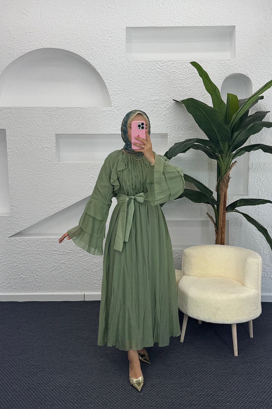 Lio Fırfır Detay Elbise Çağla Yeşili 3370-ÇAGLAYESILI