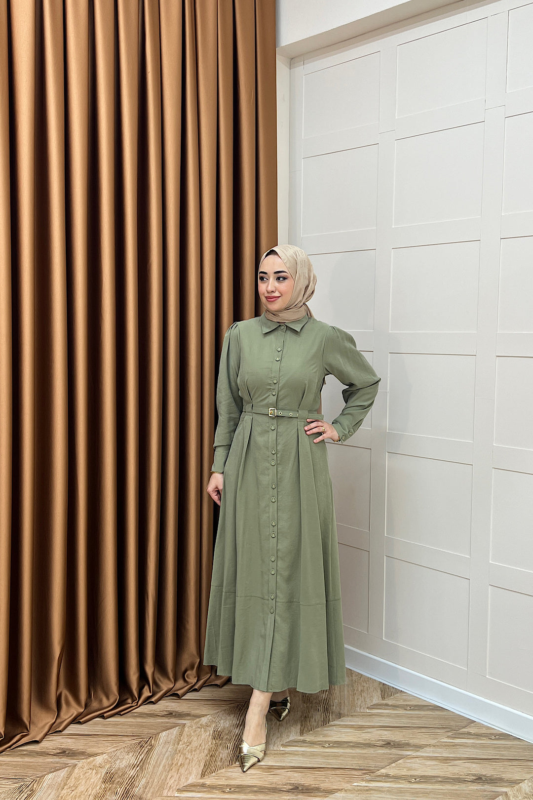 Nisa Boydan Düğmeli Elbise Yeşil 3000-YESIL
