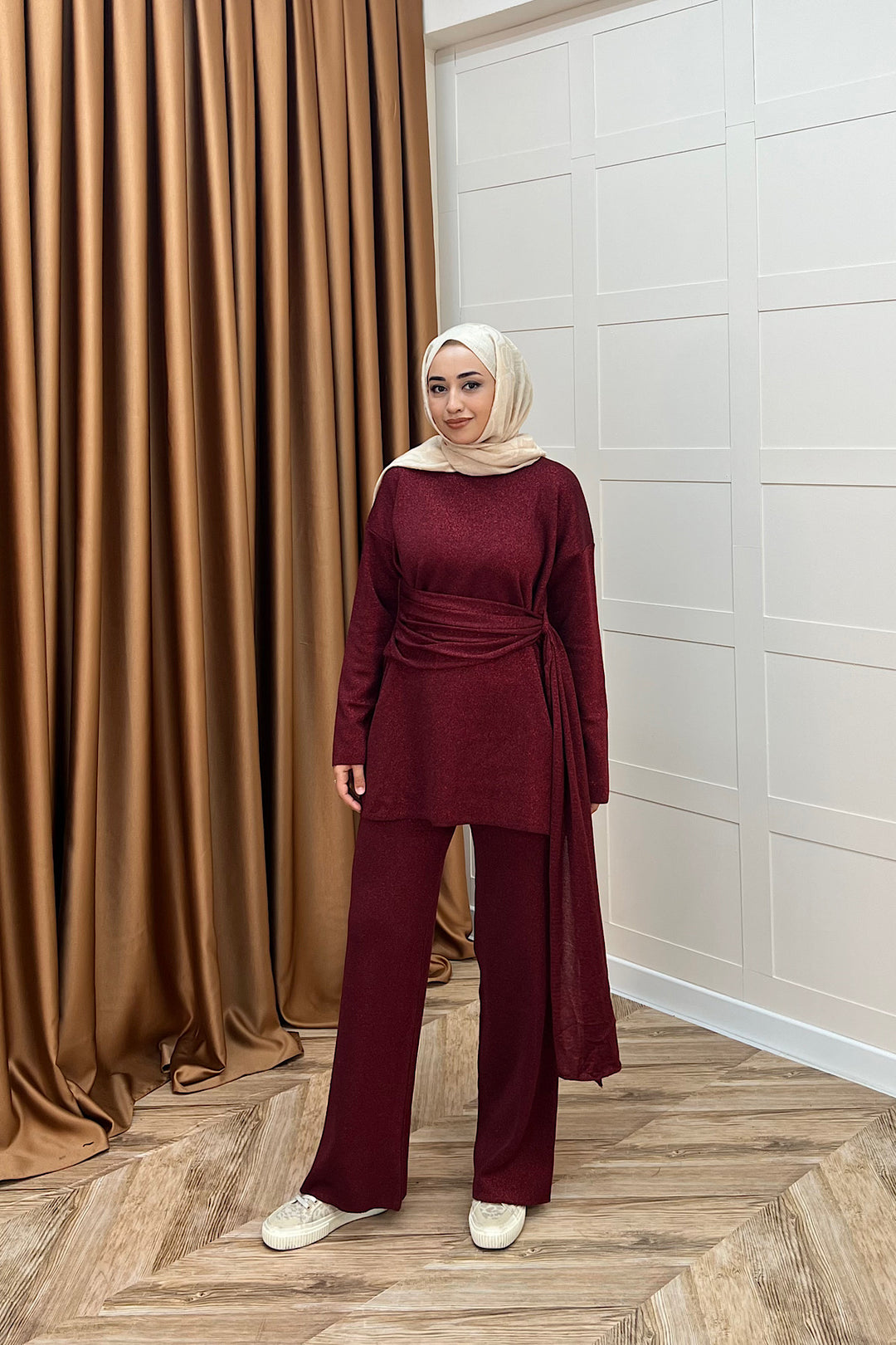 Yakamoz  Şal Detay Simli Triko Takım Bordo 25280-BORDO