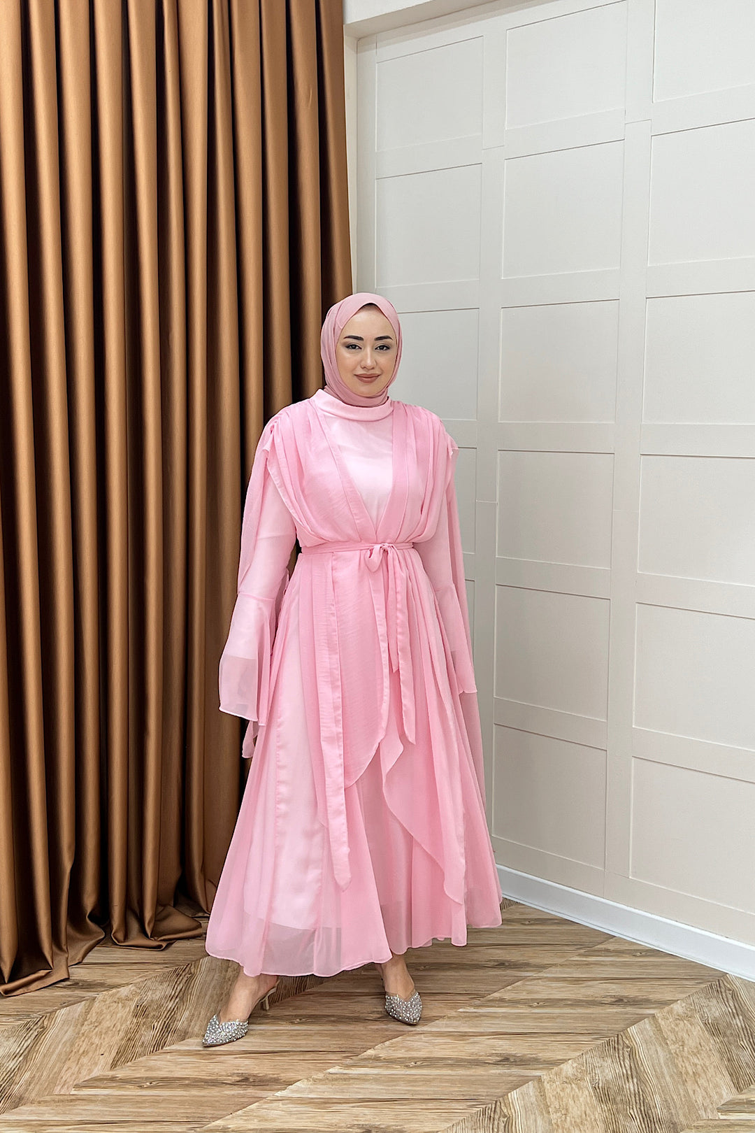 Aliza Büzgülü Şifon Elbise Pembe 2002-PEMBE