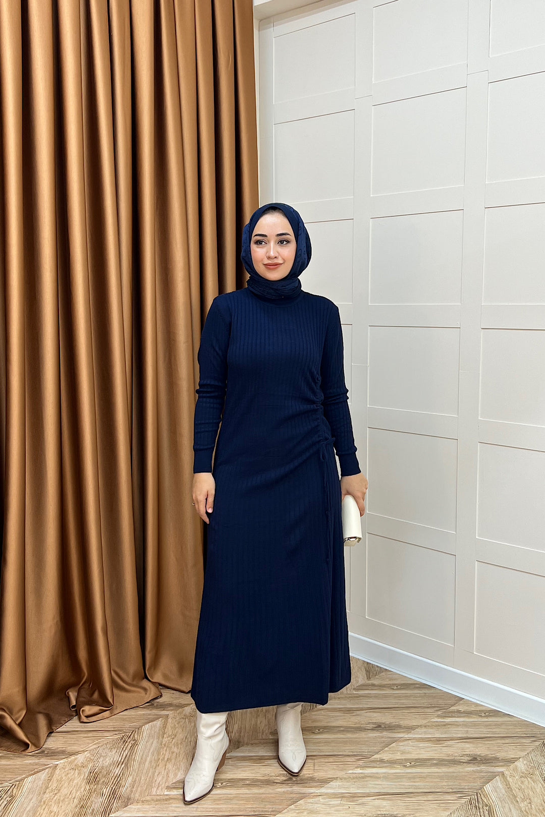 Yandan Büzgülü Triko Elbise Lacivert 24870-LACIVERT