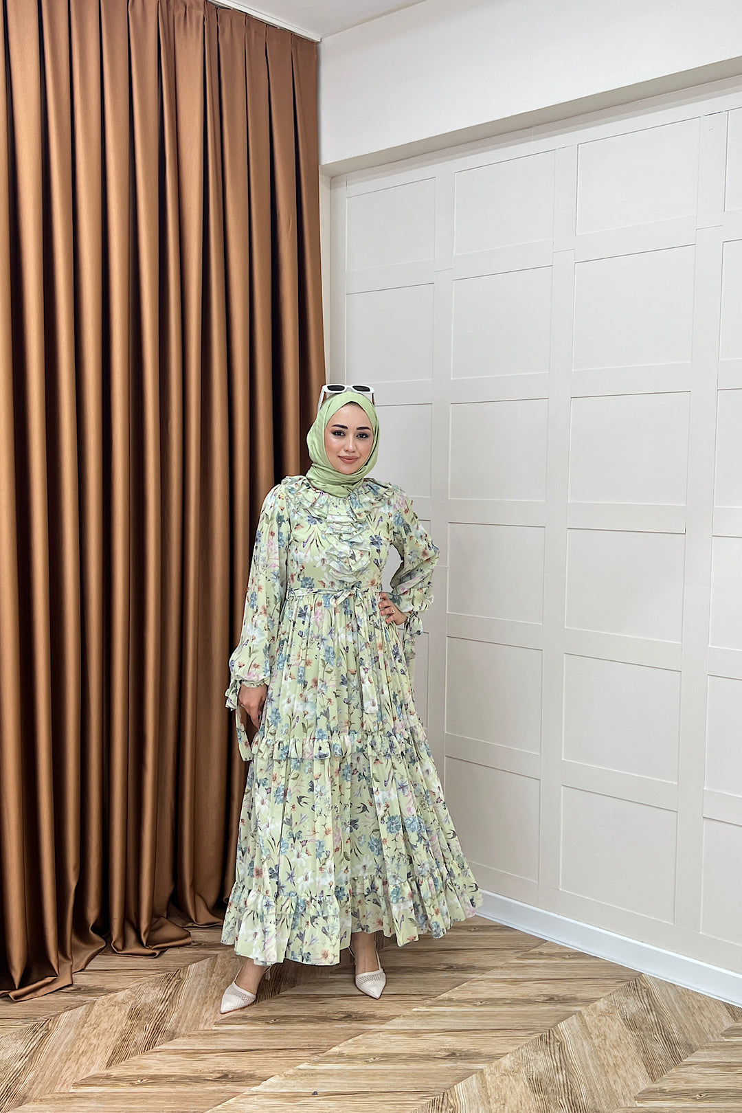 Loreno Yaka Detay Elbise Yeşil 03054-YESIL