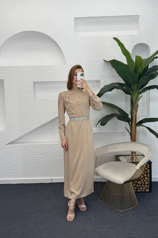 Taş Kemer Saten Abiye Vizon 04765-VIZON