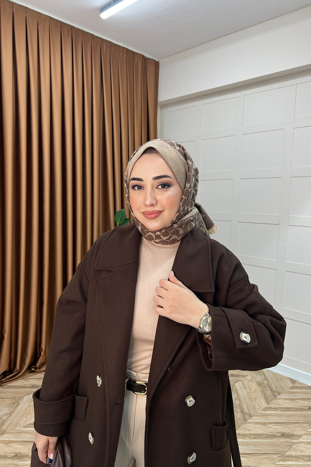 Lara Kuşaklı Kaşe Kaban Kahverengi 5541-KAHVERENGI