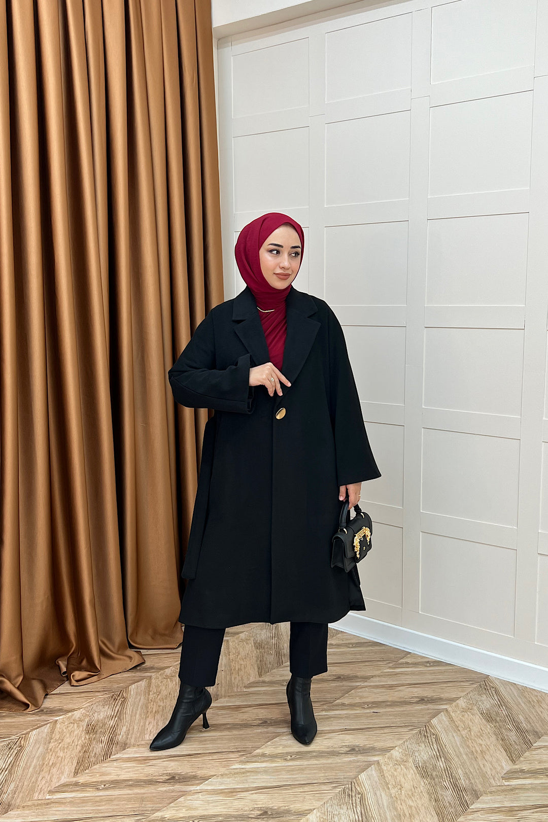 Yıldız Premium Kumaş Kuşaklı Kaban Siyah 5515-SIYAH