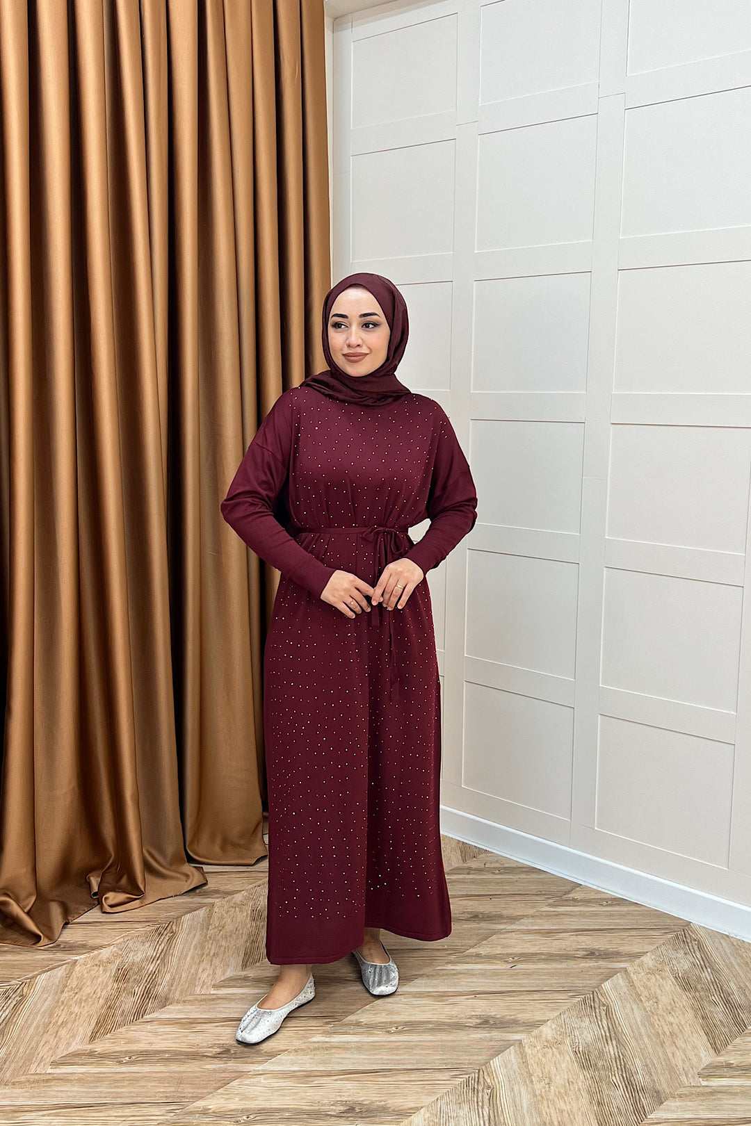 Mabel Taşlı Triko Elbise Bordo 25270-BORDO