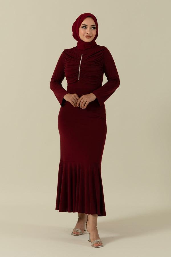 Göğüs Drapeli Elbise Bordo 9612-BORDO