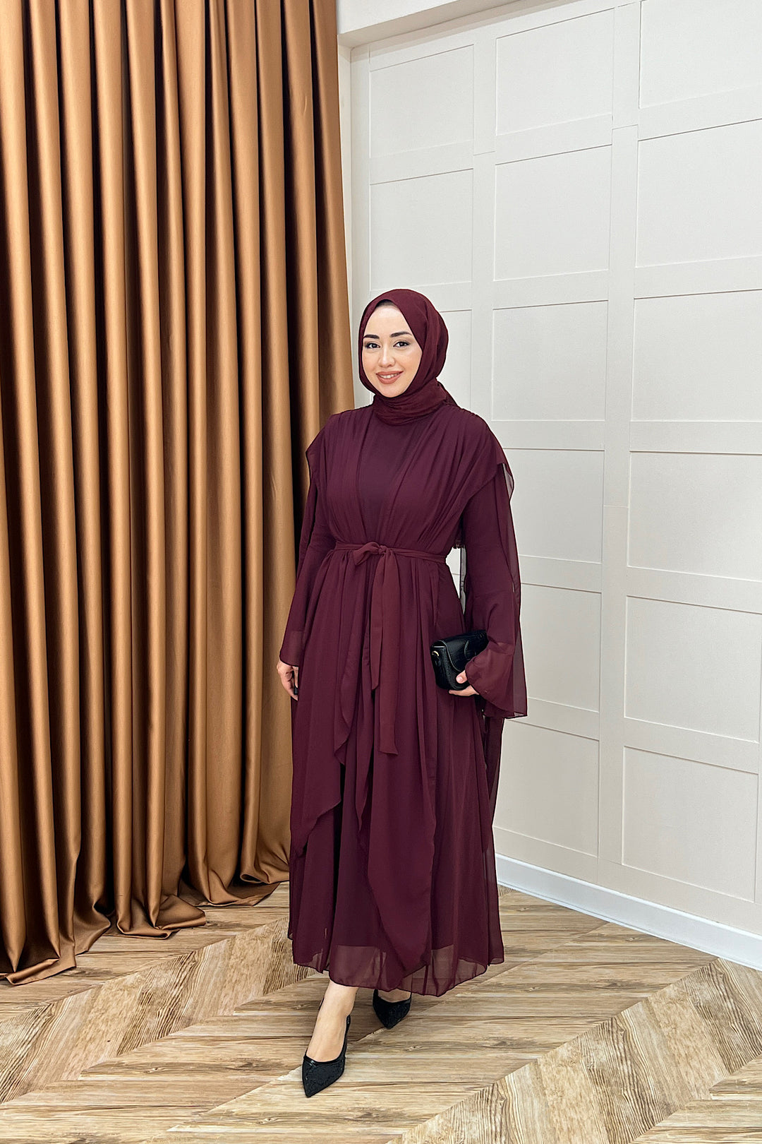 Aliza Büzgülü Şifon Elbise Bordo 2002-BORDO