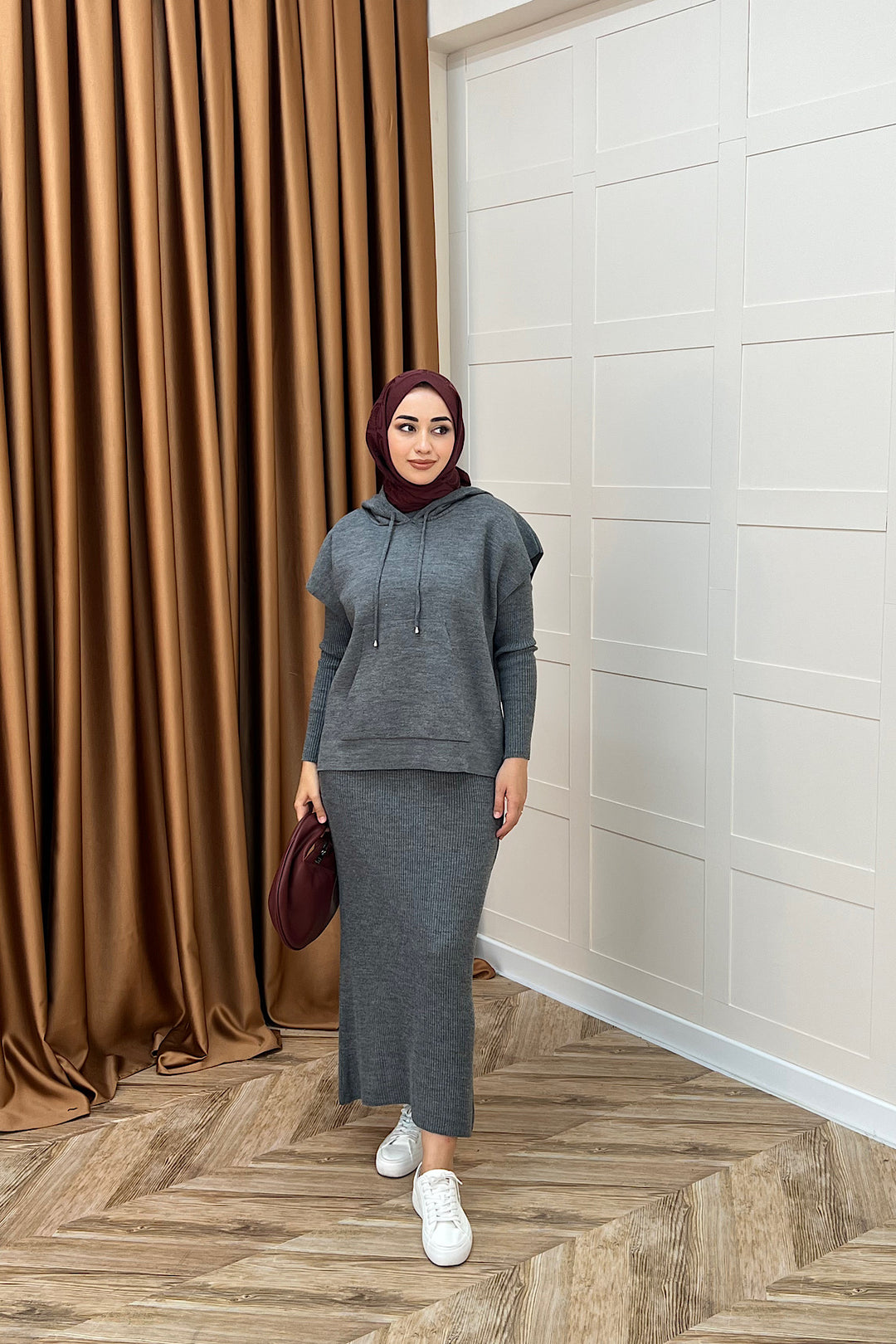 Üst Kapüşonlu İkili Triko Elbise Gri 25290-GRI