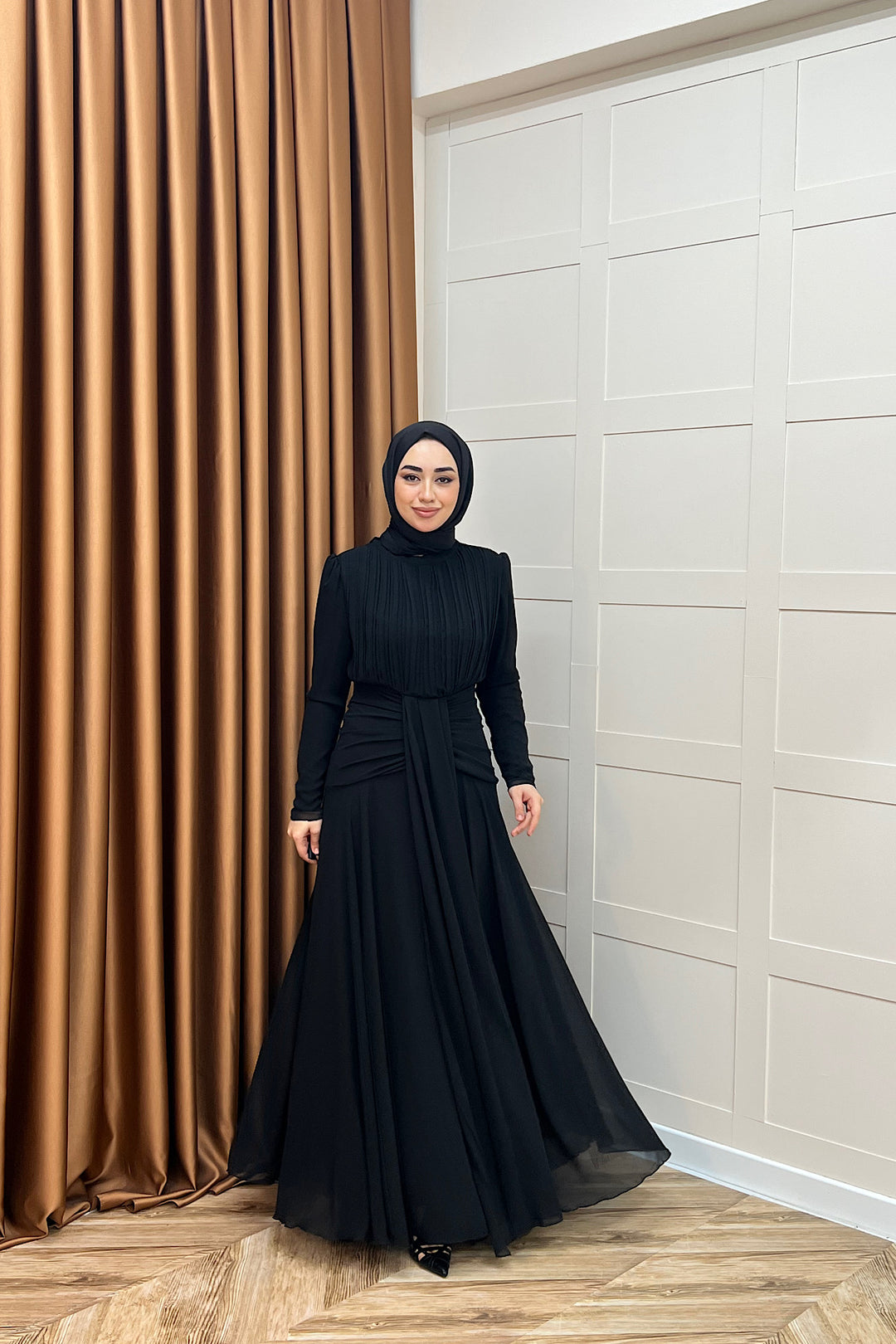 Elanor Bel Detay Şifon Abiye Siyah 3092-SIYAH