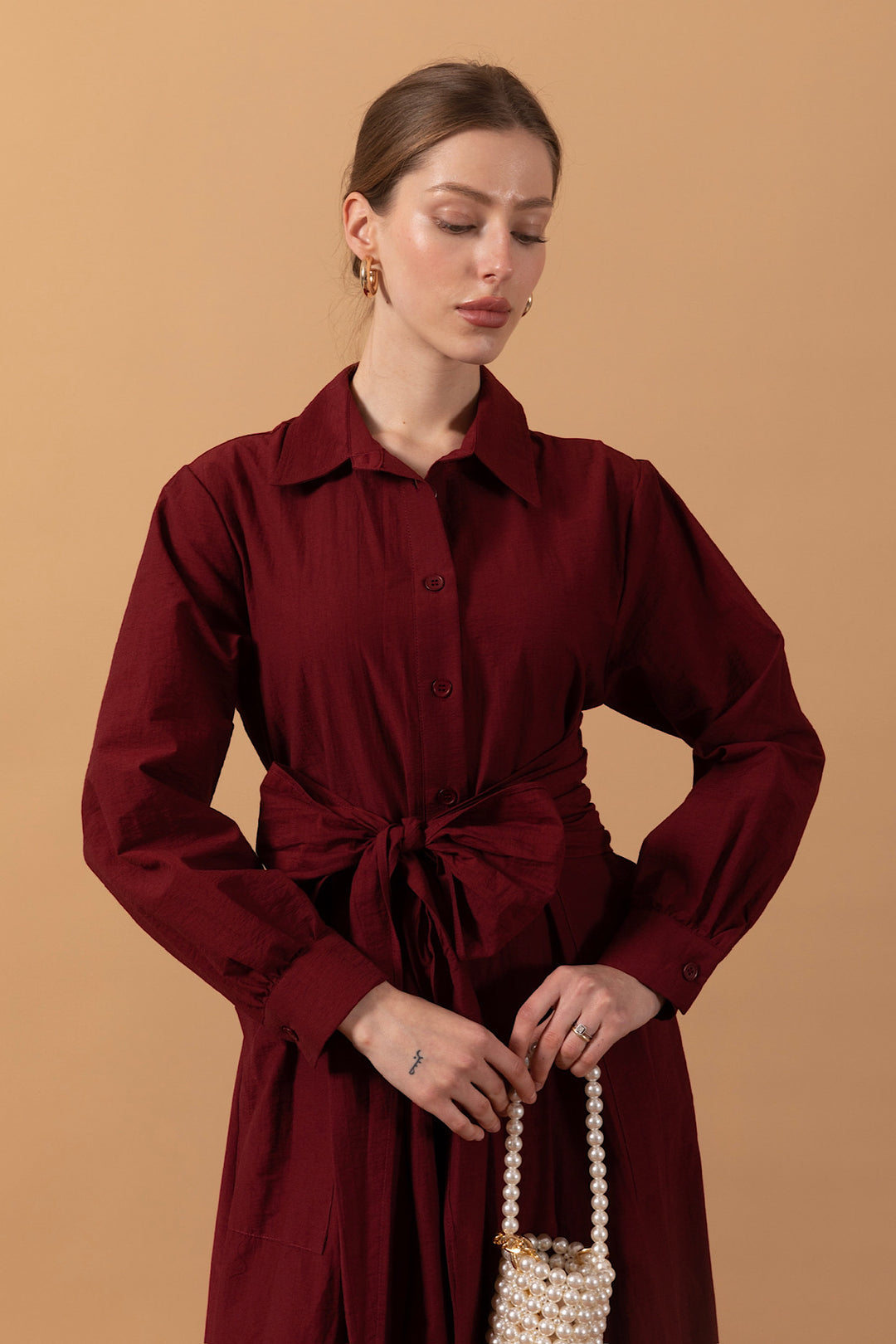 Belden Bağlamalı Keten Elbise Bordo 1712-BORDO
