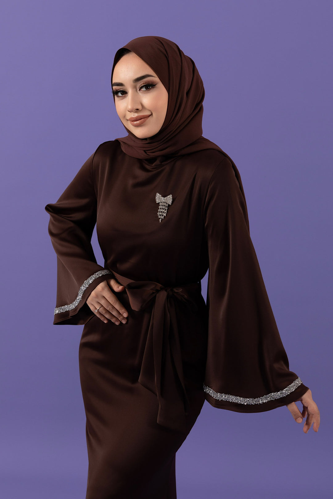 Kolları Taş Detay Saten Abiye Kahverengi 3011-KAHVERENGI