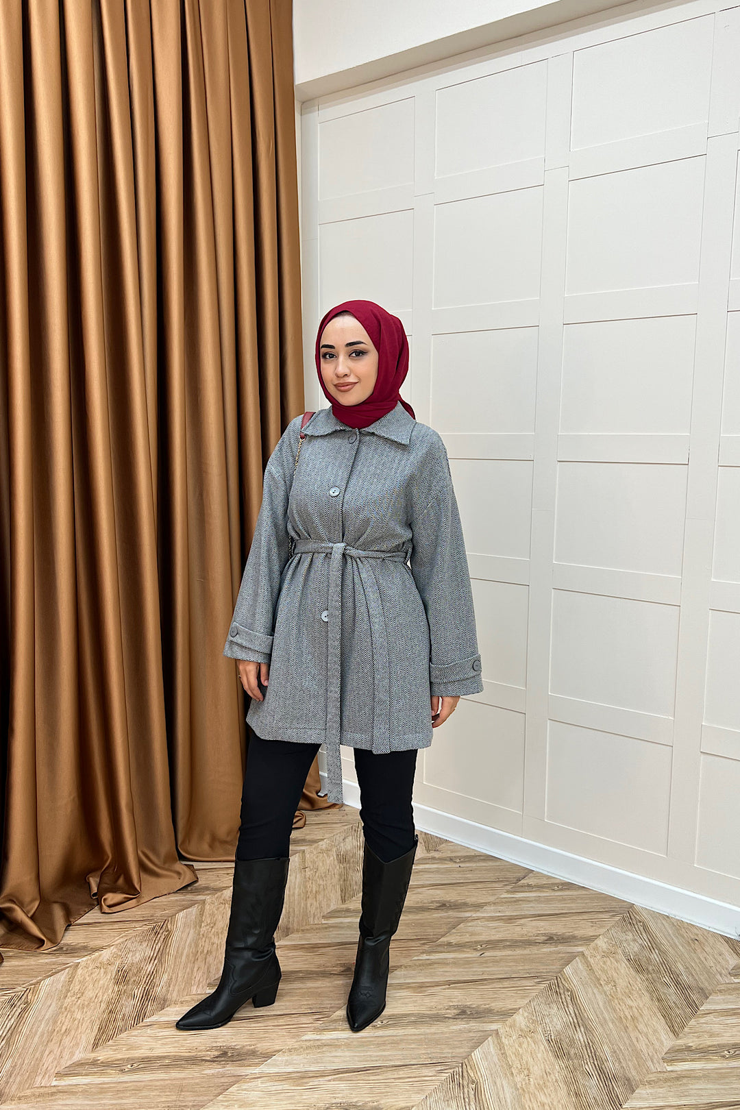 Bensu Kuşaklı Kaşe Kaban Gri 5518-GRI