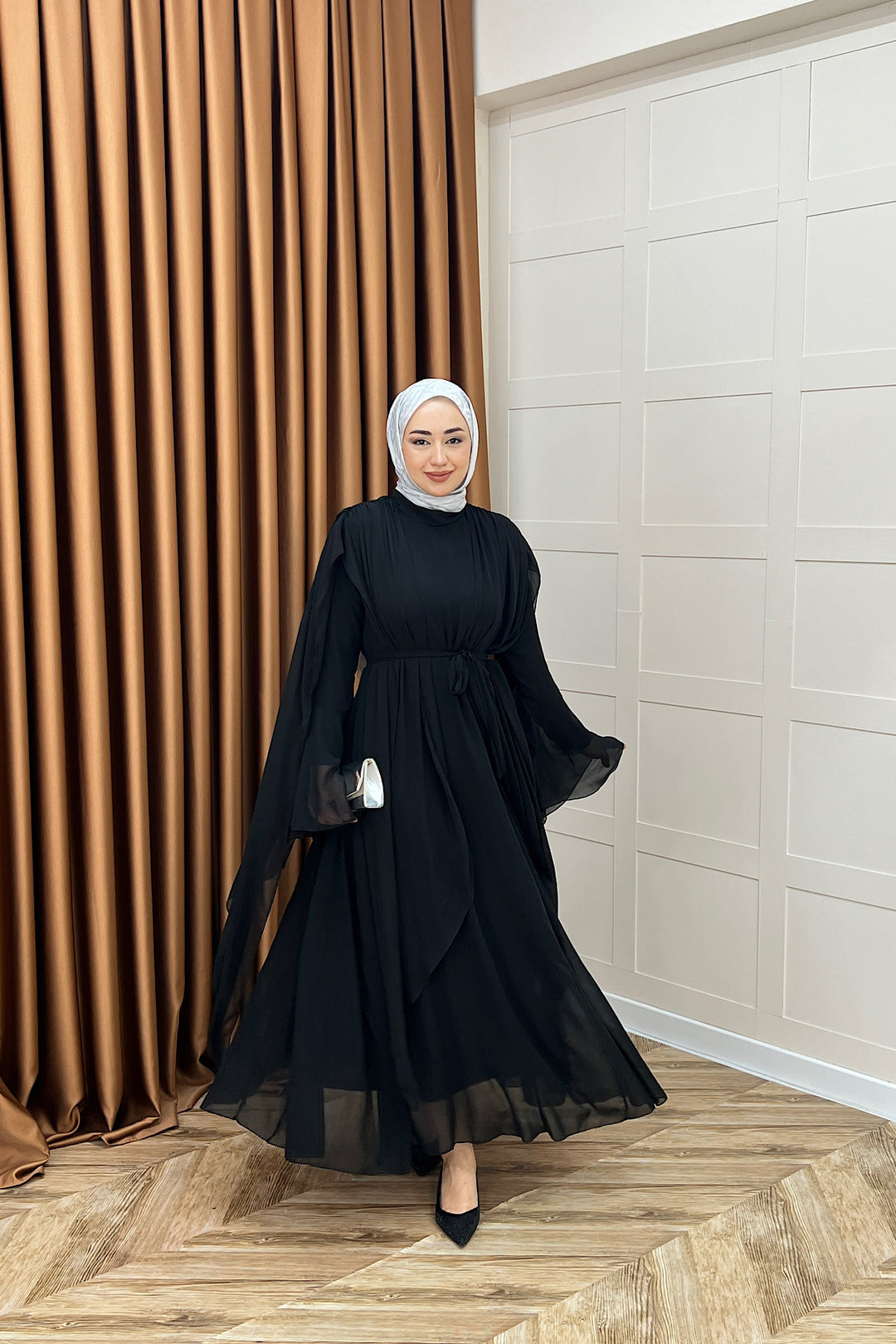 Aliza Büzgülü Şifon Elbise Siyah 2002-SIYAH