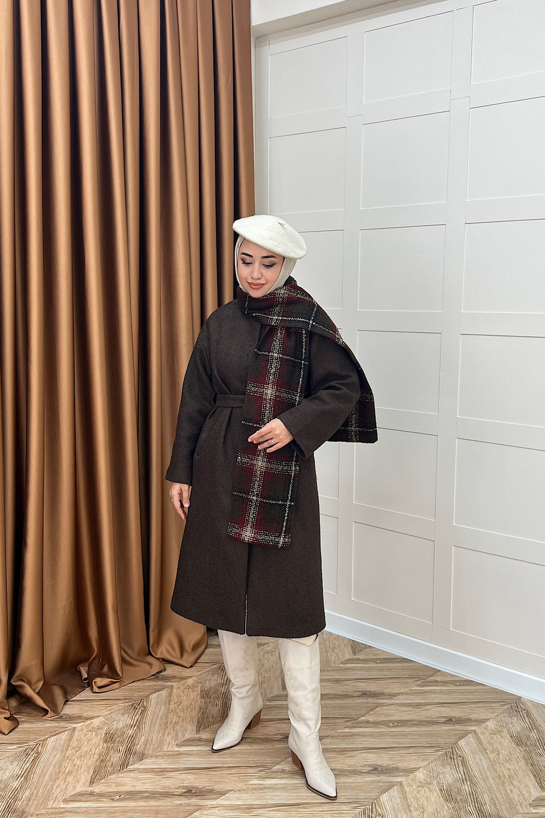 Duru Premium Kumaş Atkı Detay Kaban Kahverengi 5517-KAHVERENGI