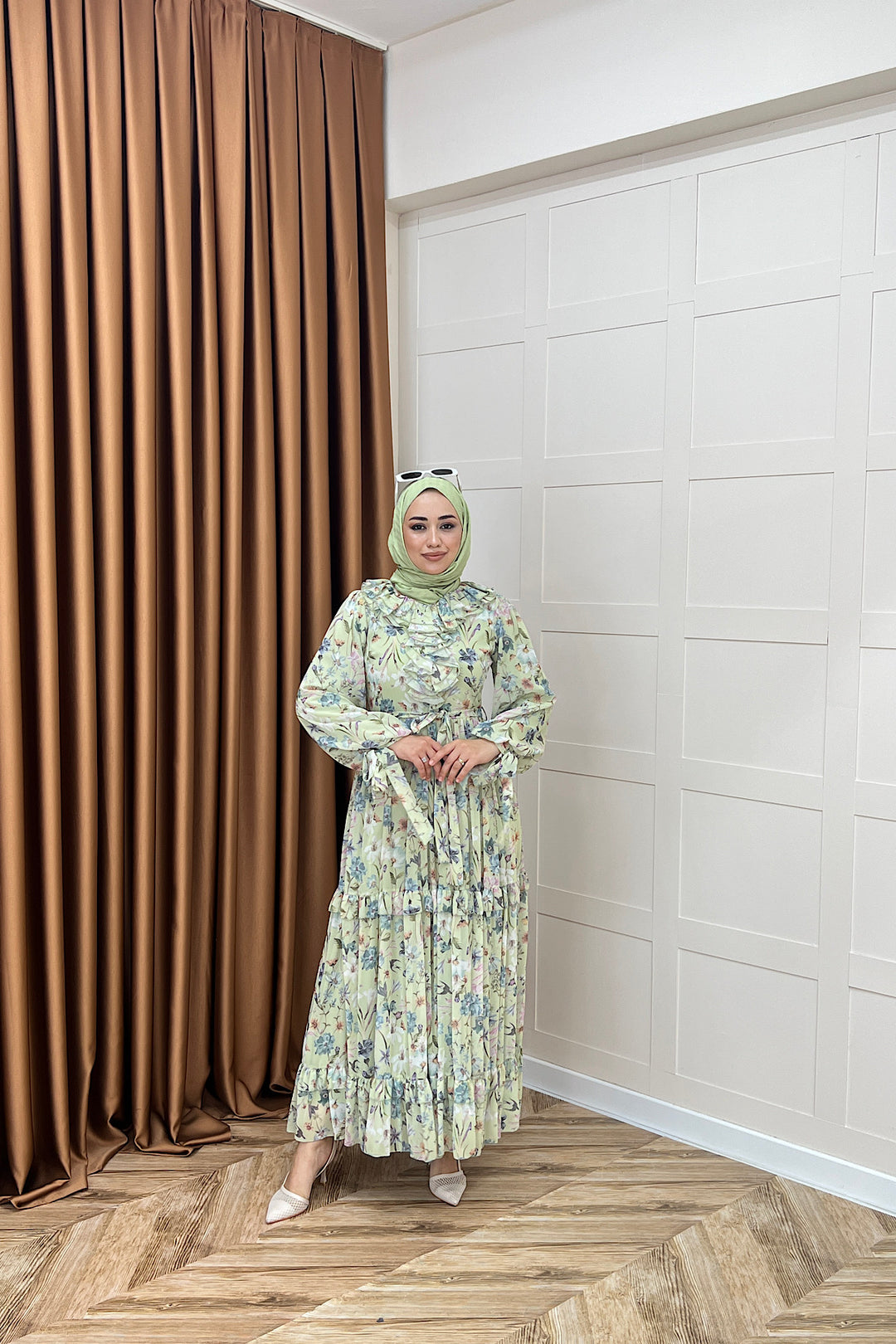 Loreno Yaka Detay Elbise Yeşil 03054-YESIL