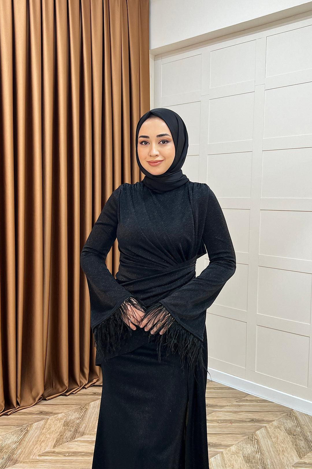 Rosalin Tüy Detay Abiye Siyah 3088-SIYAH