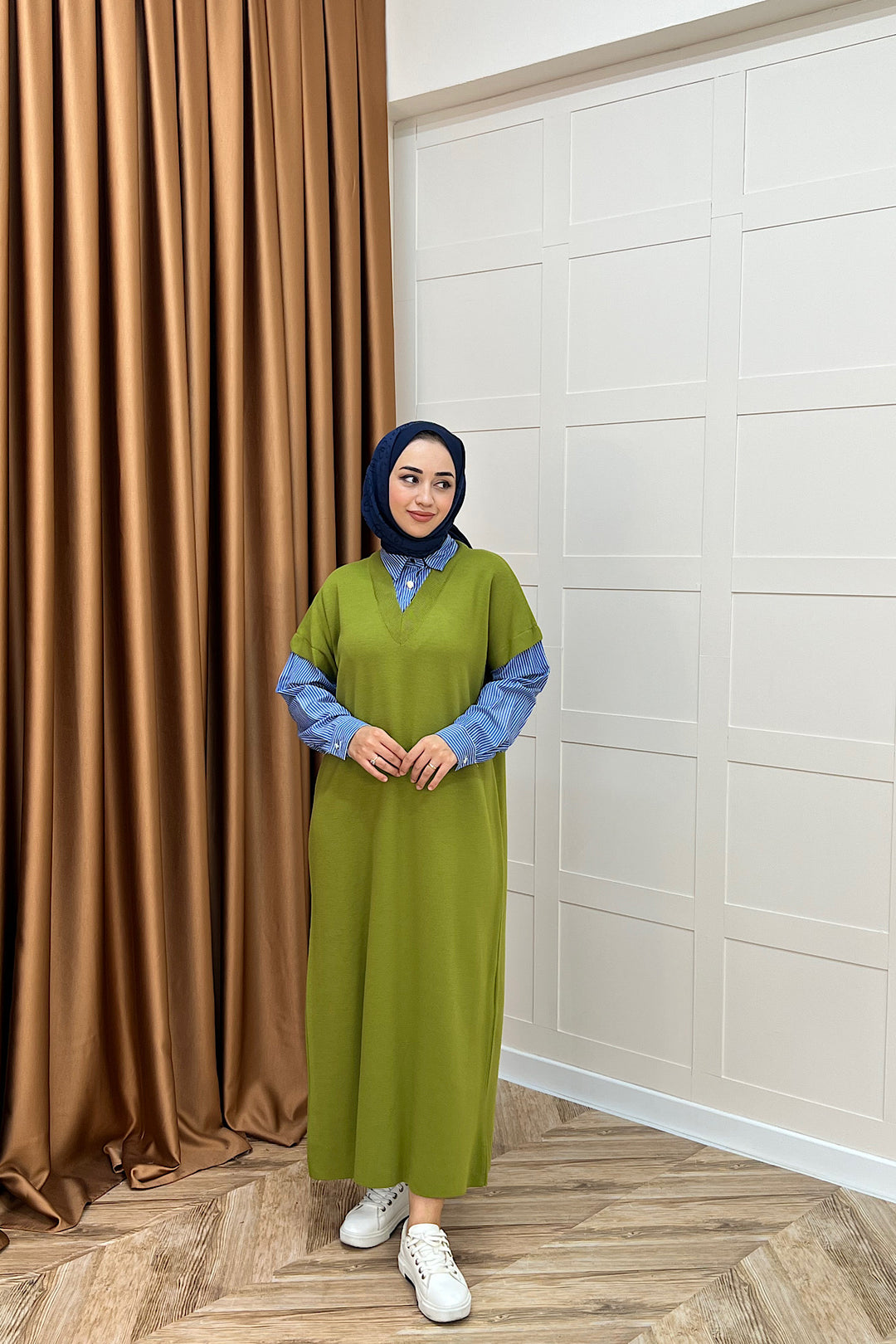 Samira Gömlek Detaylı Triko Elbise Yağ Yeşili 241110-YAGYESILI