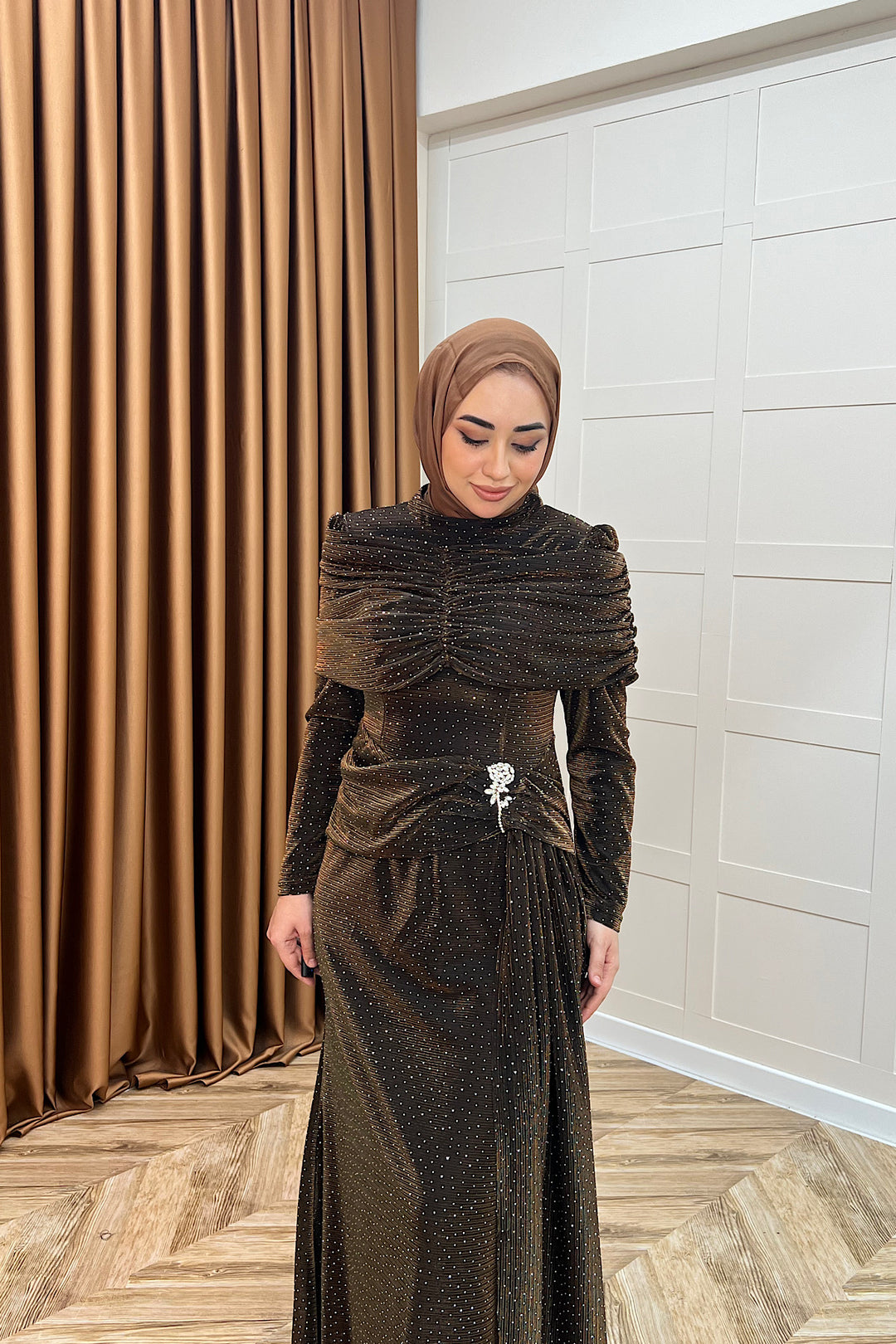 Helena Çiçek Taşlı Abiye Kahverengi 3097-KAHVERENGI
