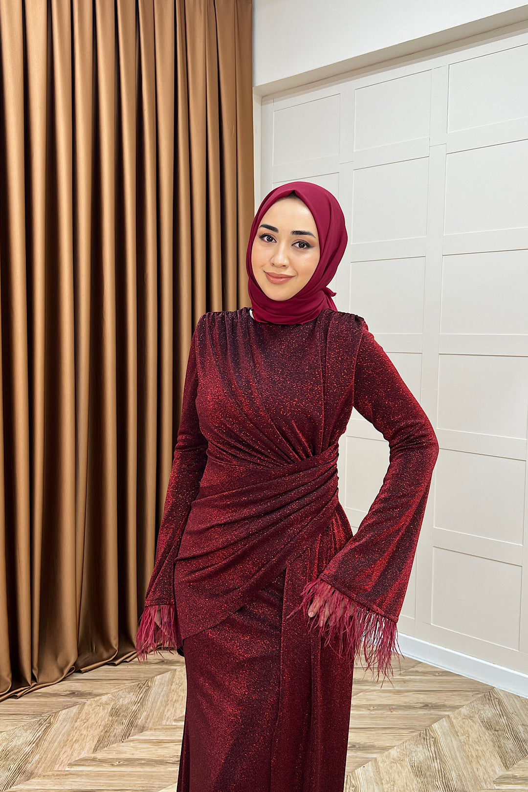 Rosalin Tüy Detay Abiye Bordo 3088-BORDO