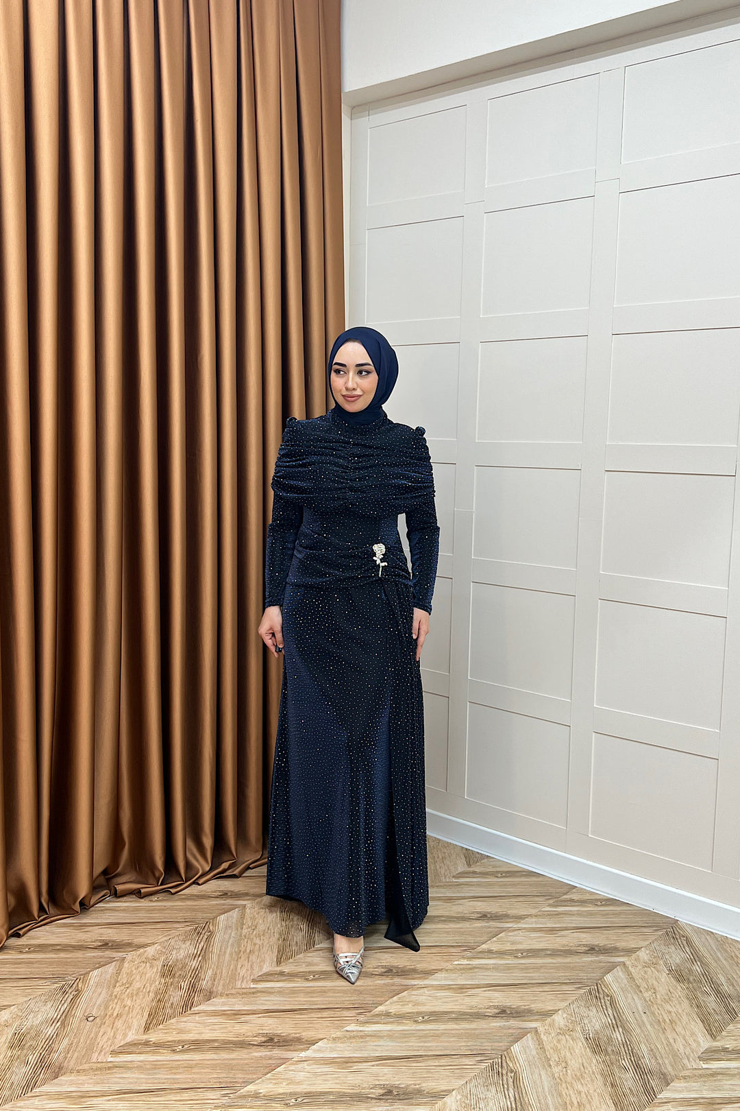 Helena Çiçek Taşlı Abiye Lacivert 3097-LACIVERT