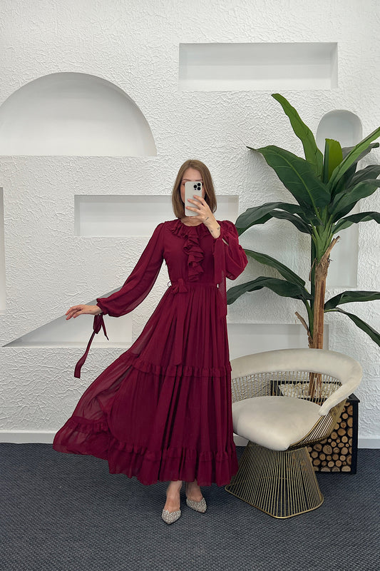Royal Şifon Elbise Bordo 3053-BORDO
