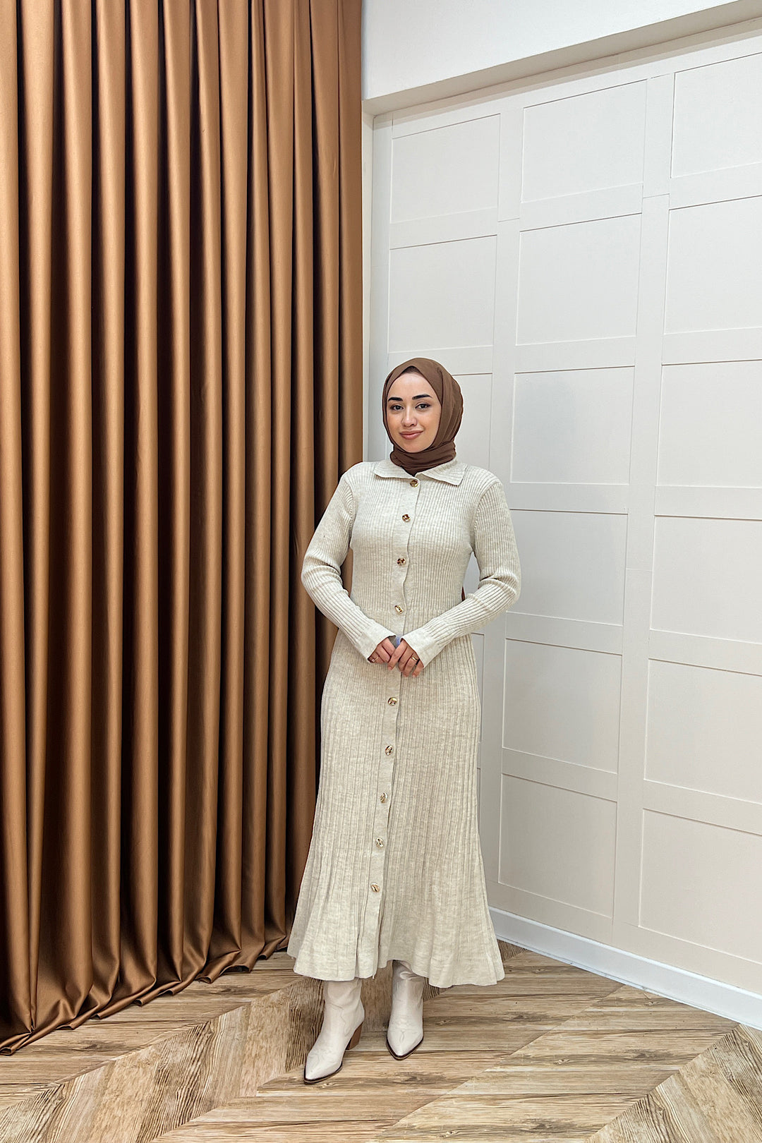 Endam Düğmeli Triko Elbise Taş 10201-TAS