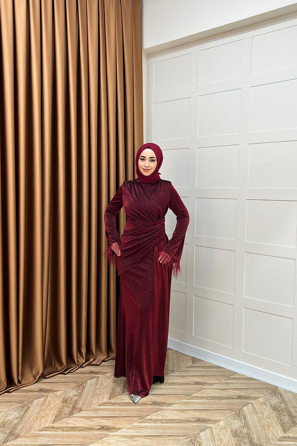 Rosalin Tüy Detay Abiye Bordo 3088-BORDO