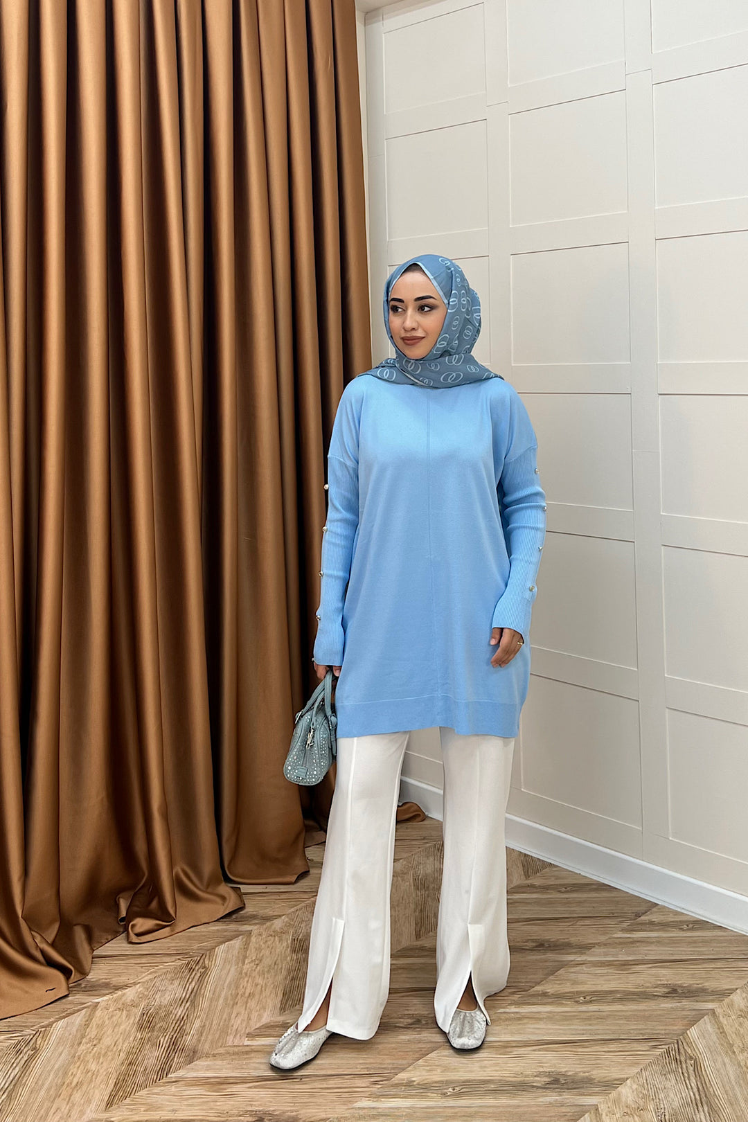 Kol Düğmeli Triko Tunik Mavi 24280-MAVI