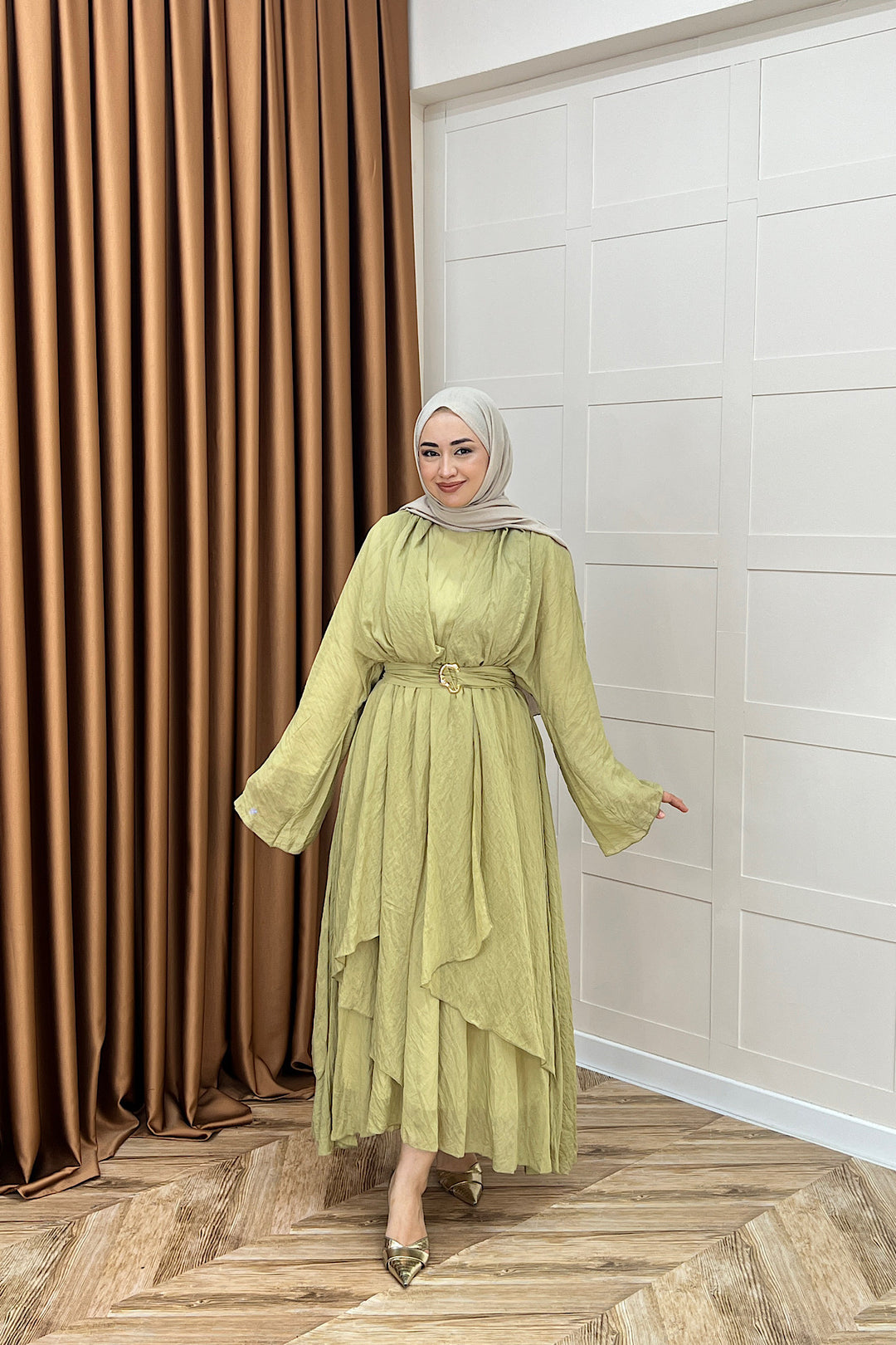 Flora Tül Modal Elbise Yeşil 8052-YESIL
