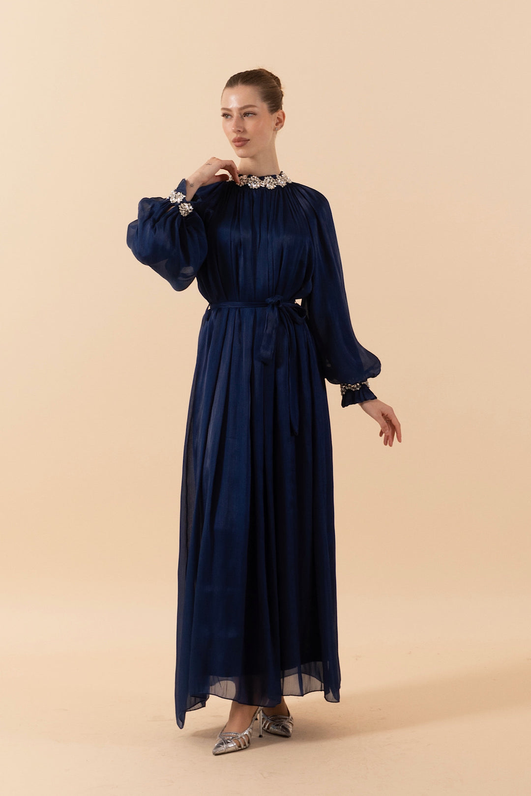 Aliza Taş İşlemeli Elbise Lacivert 3029-LACIVERT