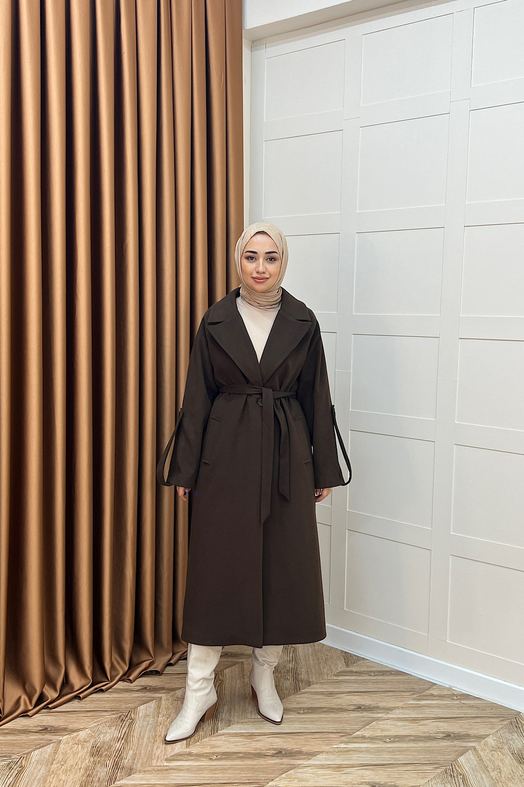 Kol Detay Kaşe Kaban Kahverengi 5522-KAHVERENGI