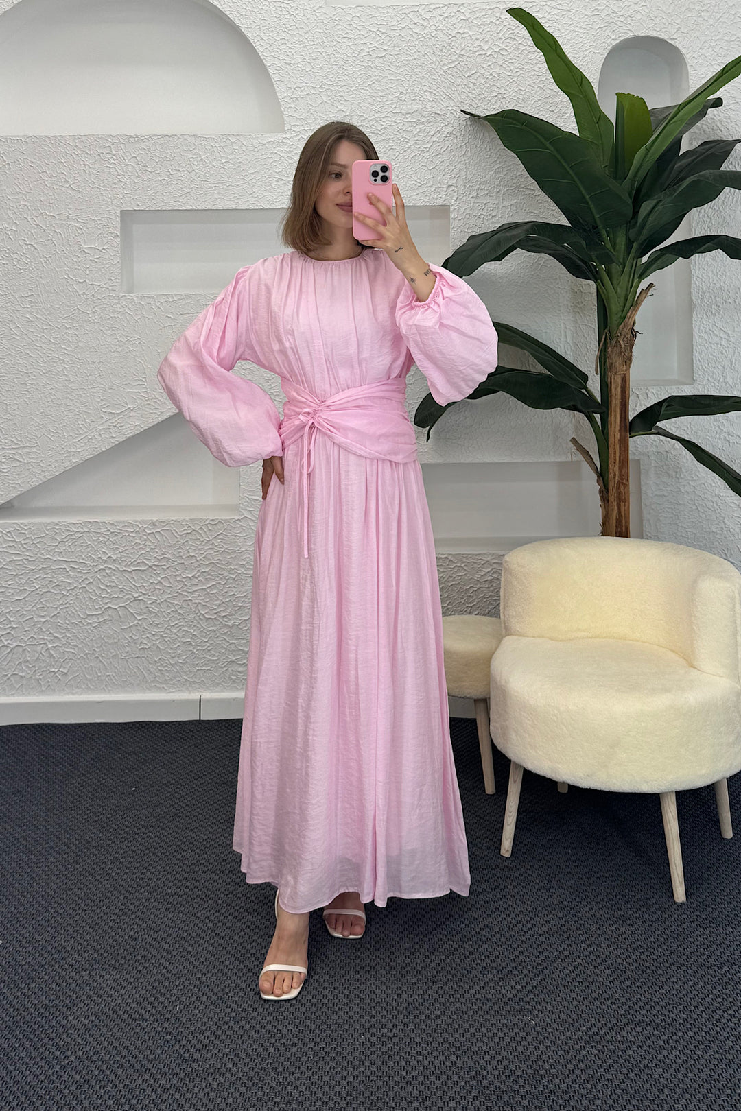 Belden Bağlamalı Elbise Pembe 3372-PEMBE