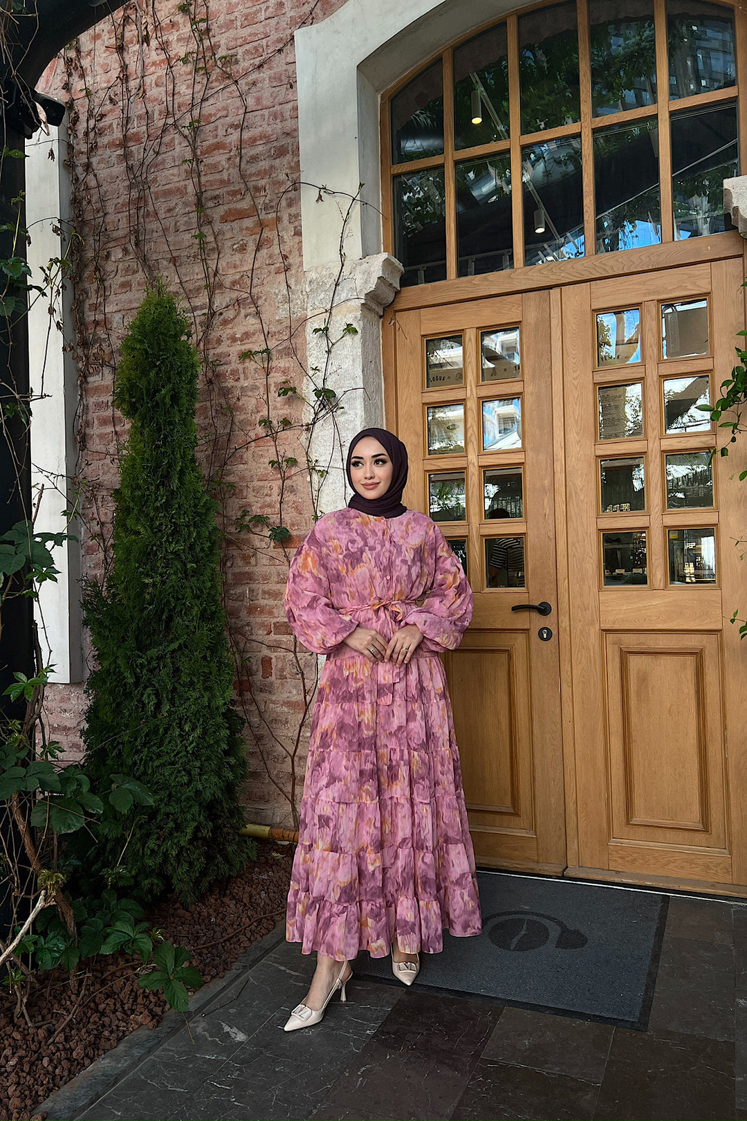 Lily Rüya Desen Şifon Elbise Pembe 3037-PEMBE
