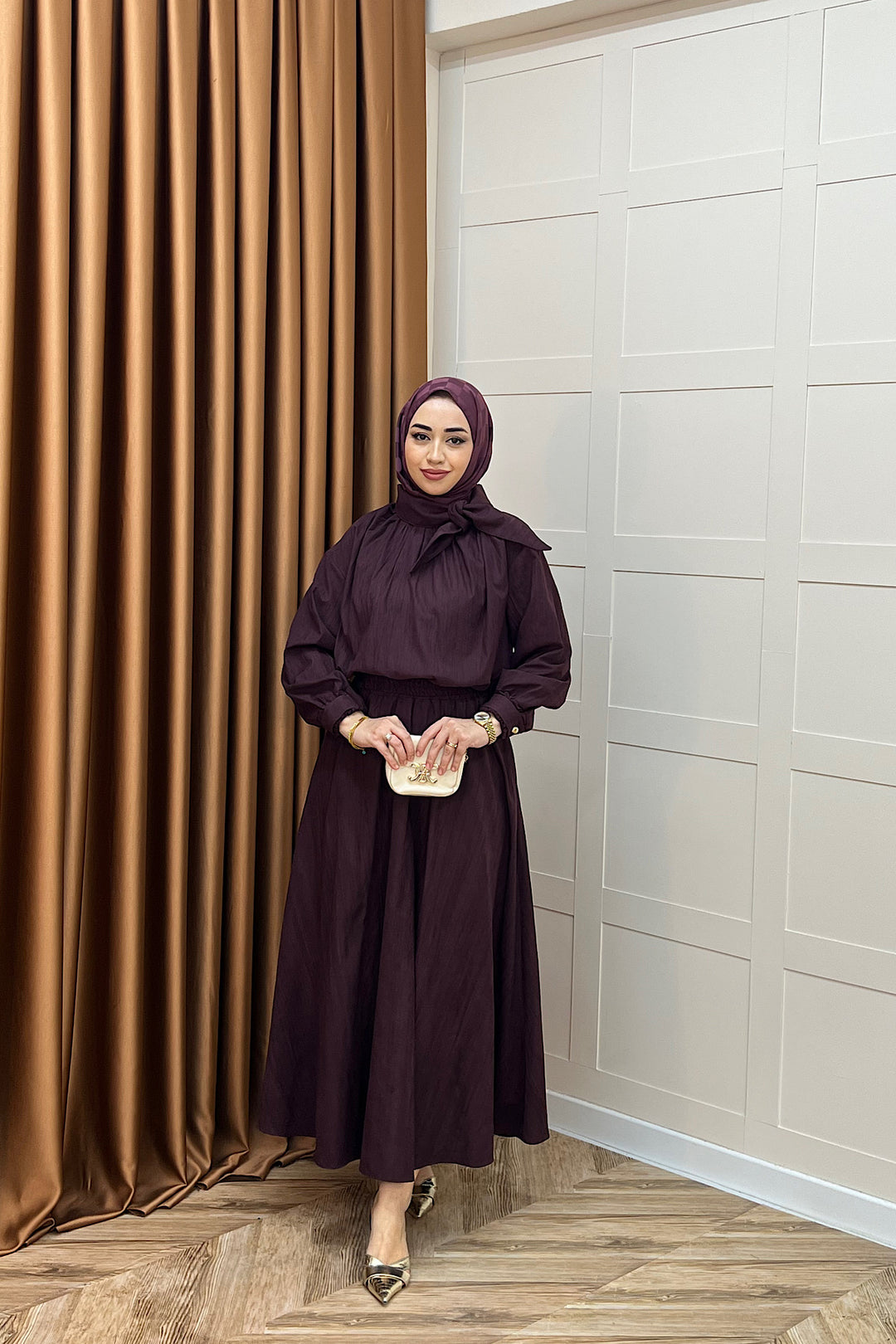 Luna Yaka Fularlı Etek Takım Mürdüm 3183-MURDUM