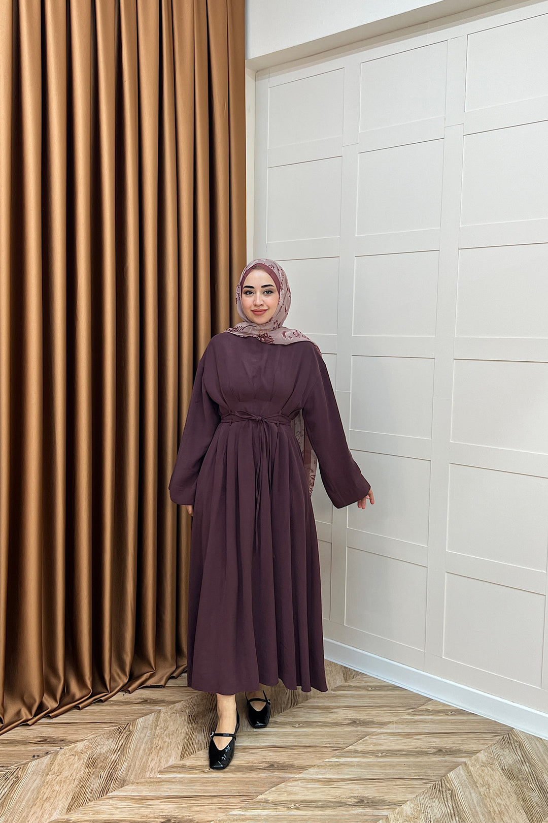 Belden Bağlamalı Cupra Elbise Mürdüm 5013-MURDUM