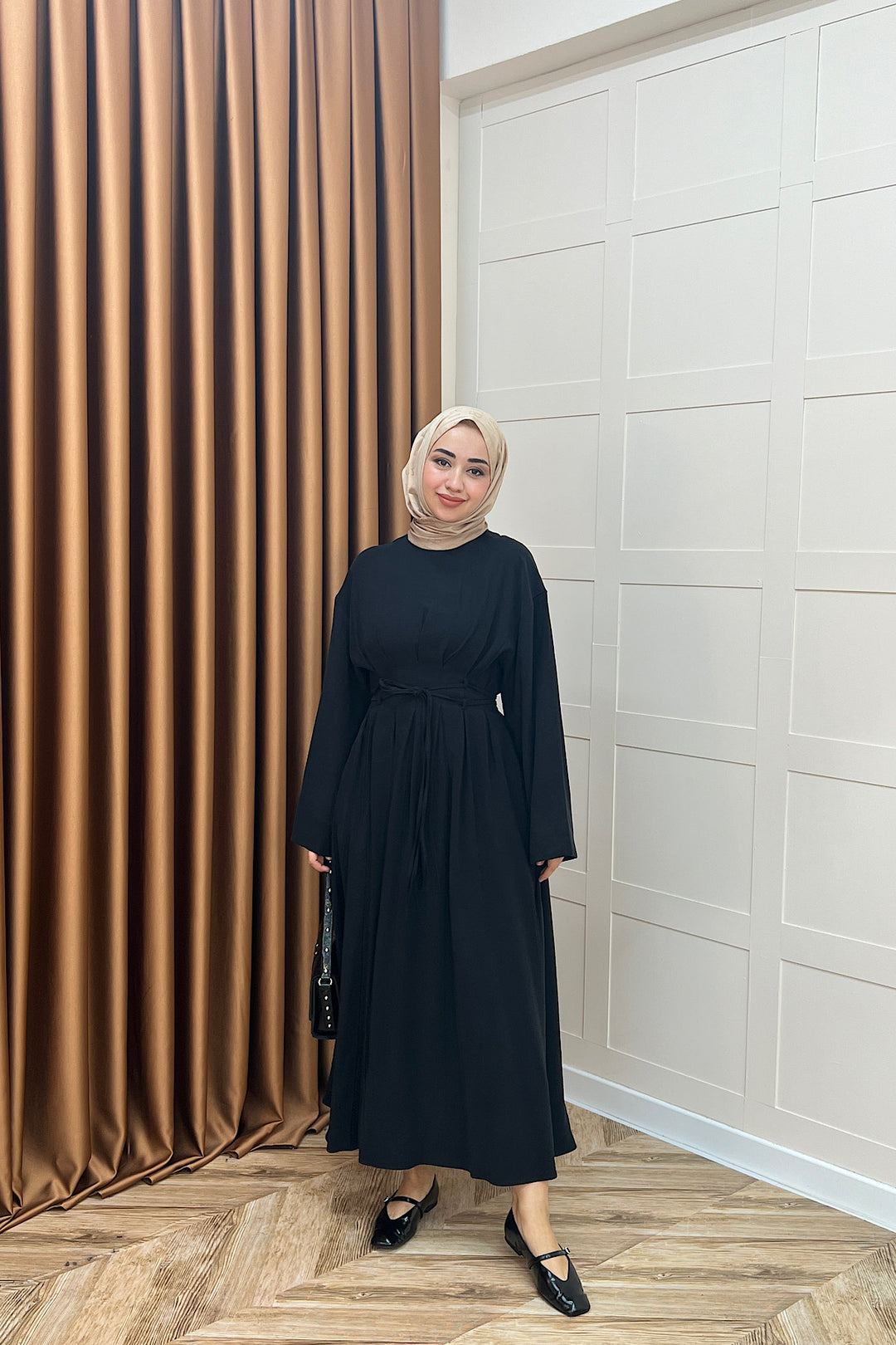 Belden Bağlamalı Cupra Elbise Siyah 5013-SIYAH