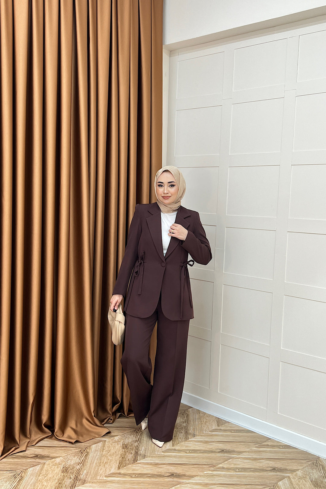 Zeina Bel Detay Ceketli Takım Kahverengi 06202-KAHVERENGI